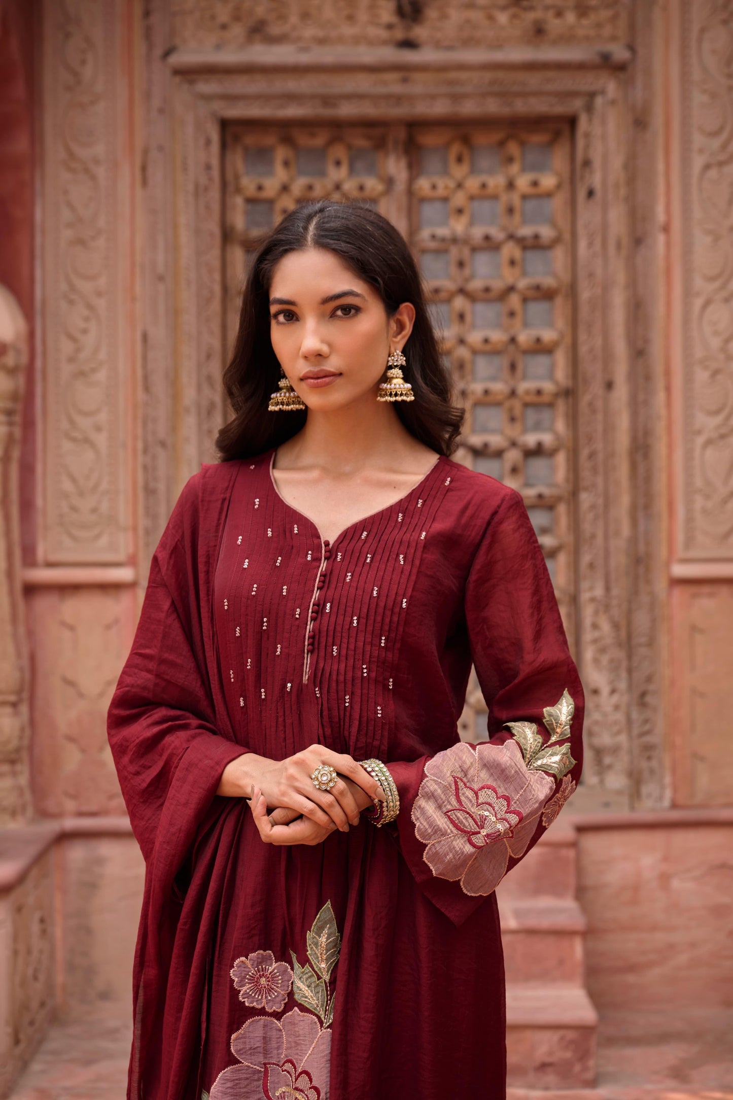 Mehroon Mul Chanderi Applique Work Suit Set