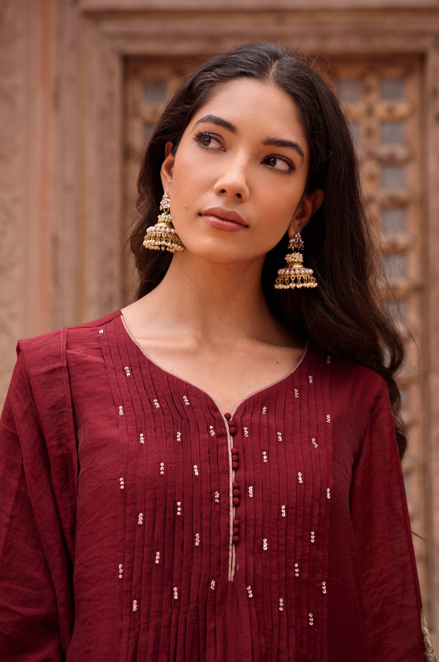 Mehroon Mul Chanderi Applique Work Suit Set
