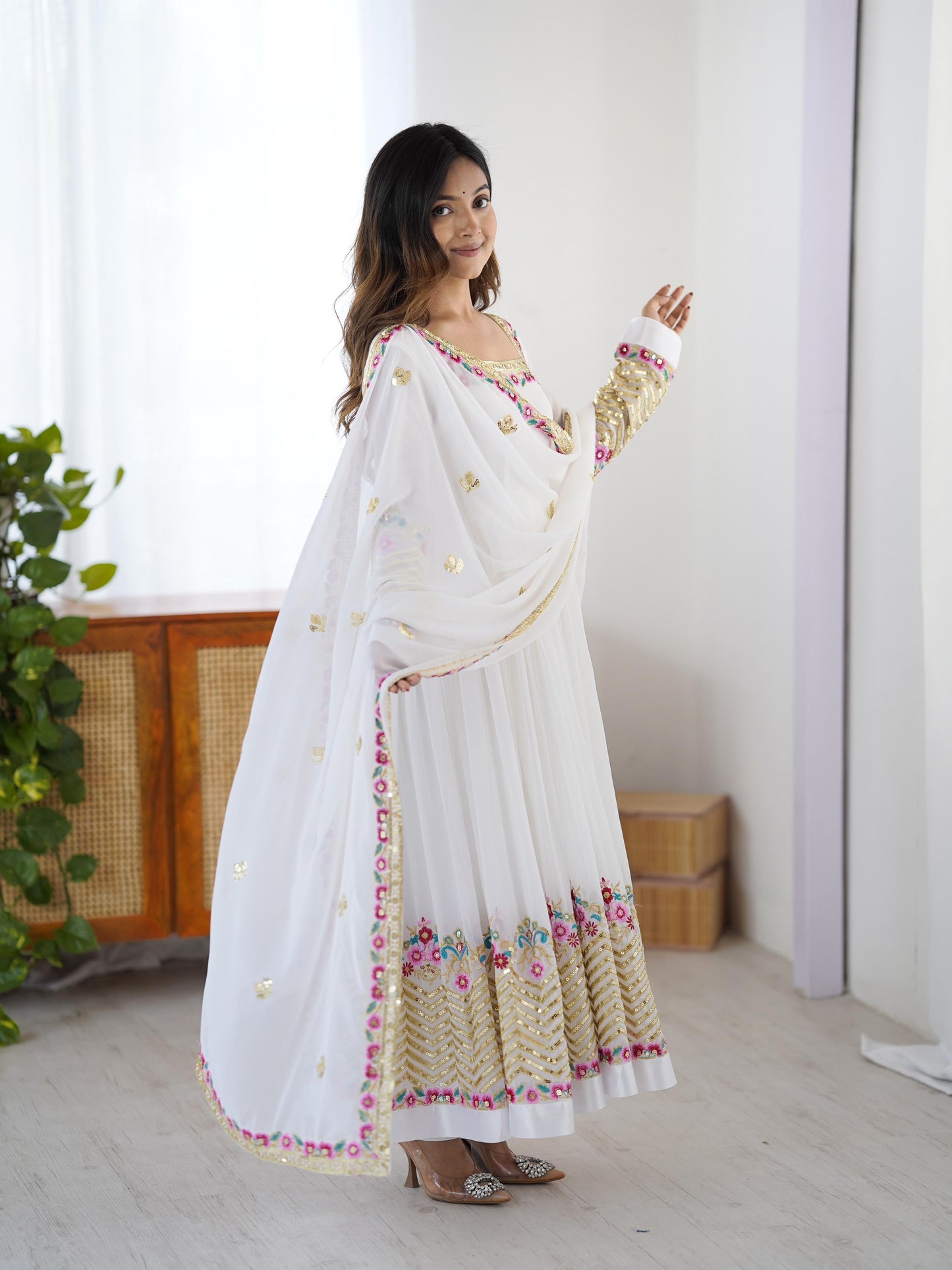Heaven White Georgette Embroidered Sequence Anarkali Suit