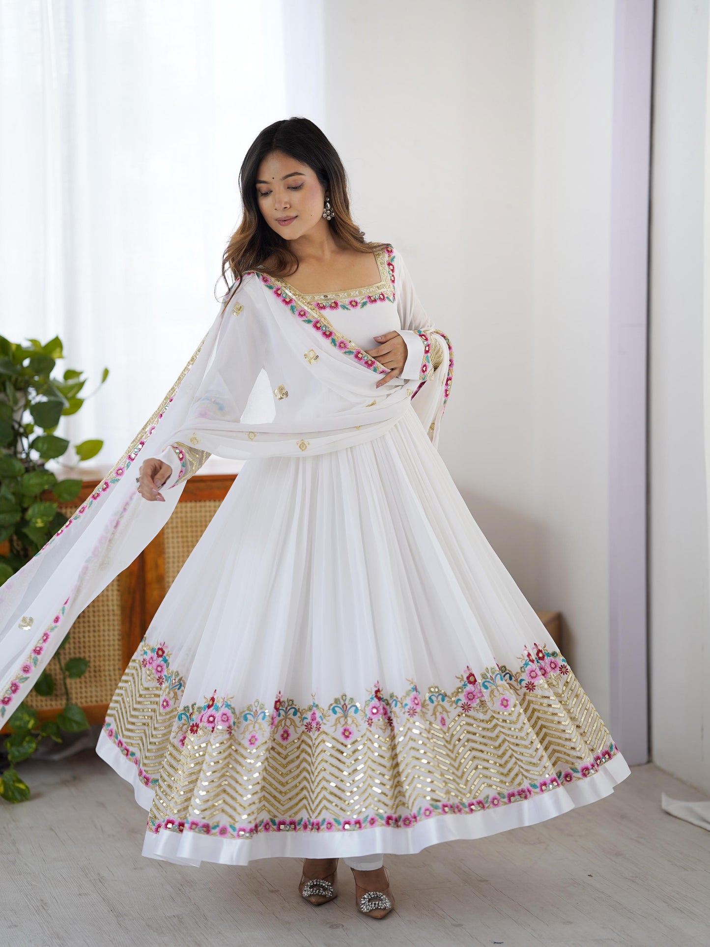 Heaven White Georgette Embroidered Sequence Anarkali Suit