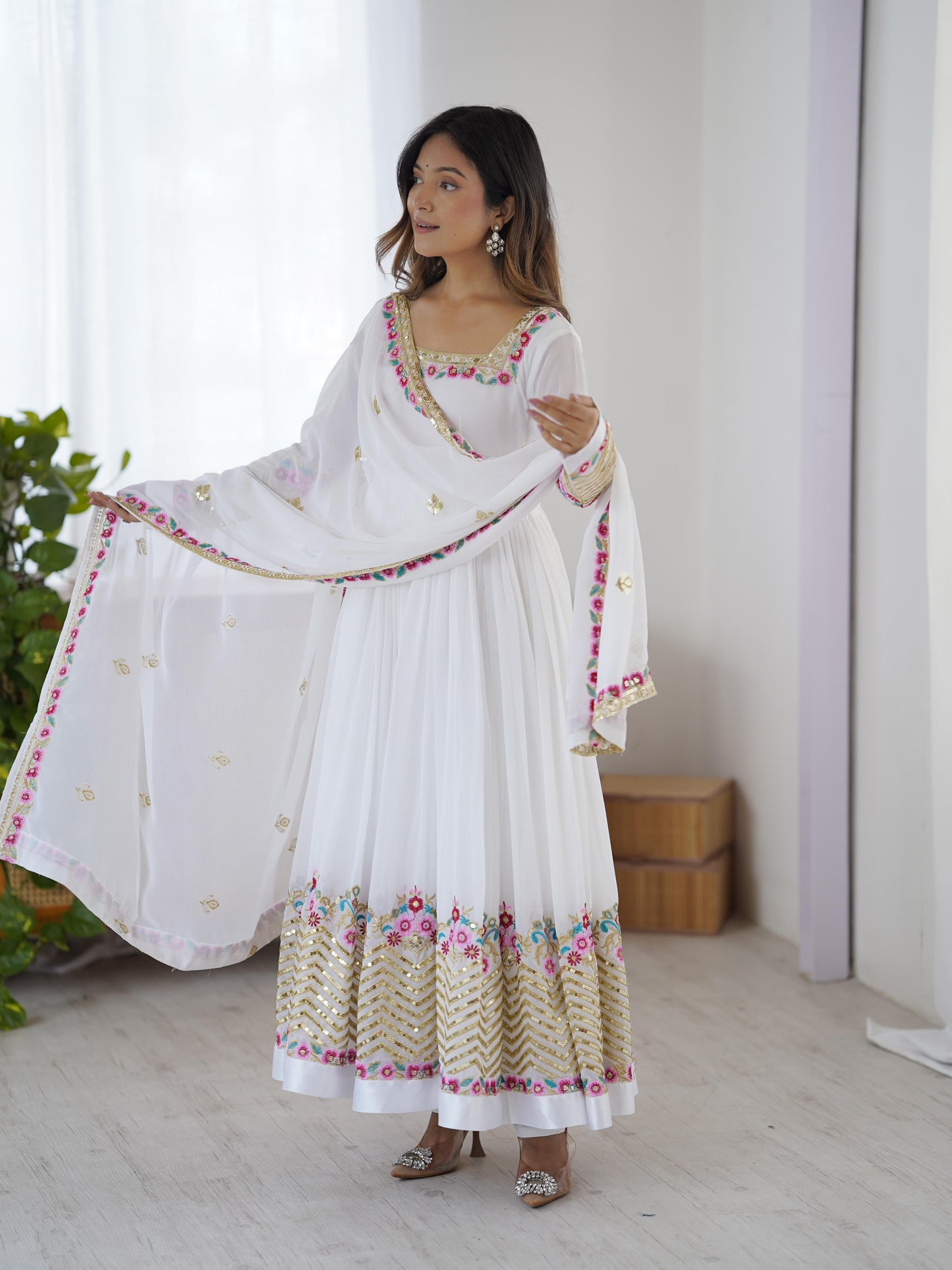 Heaven White Georgette Embroidered Sequence Anarkali Suit
