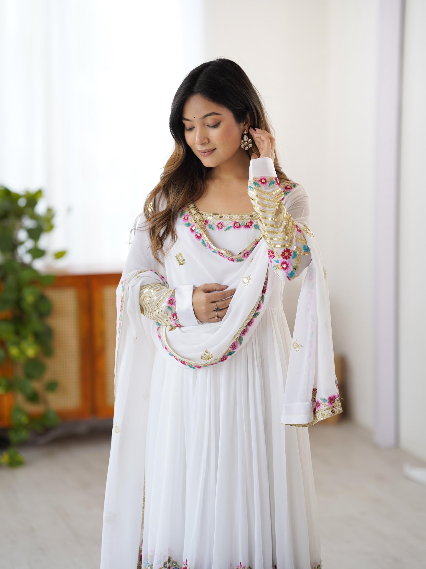 Heaven White Georgette Embroidered Sequence Anarkali Suit