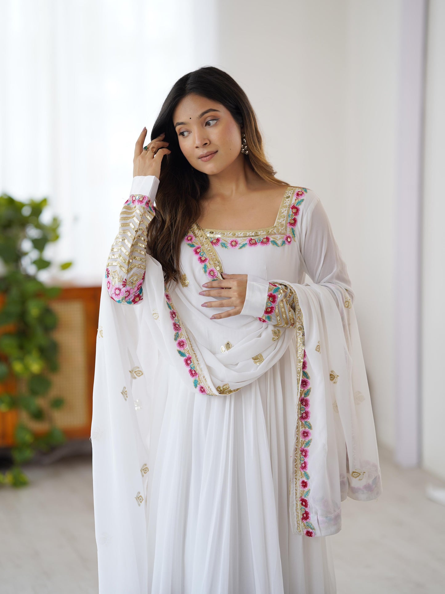 Heaven White Georgette Embroidered Sequence Anarkali Suit