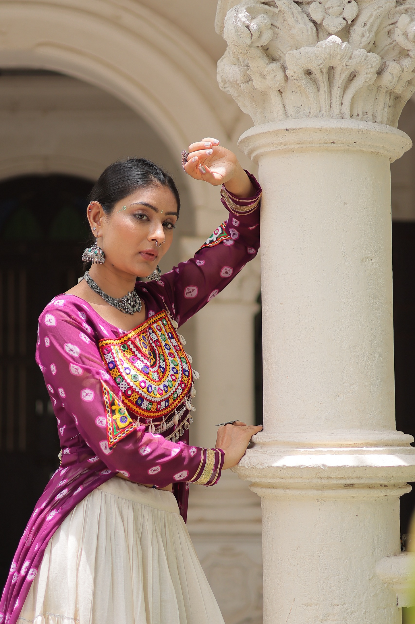 Purple Bandhej Kurti & Lehenga Set