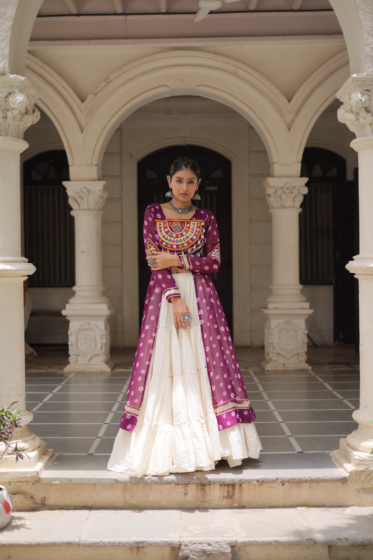 Purple Bandhej Kurti & Lehenga Set