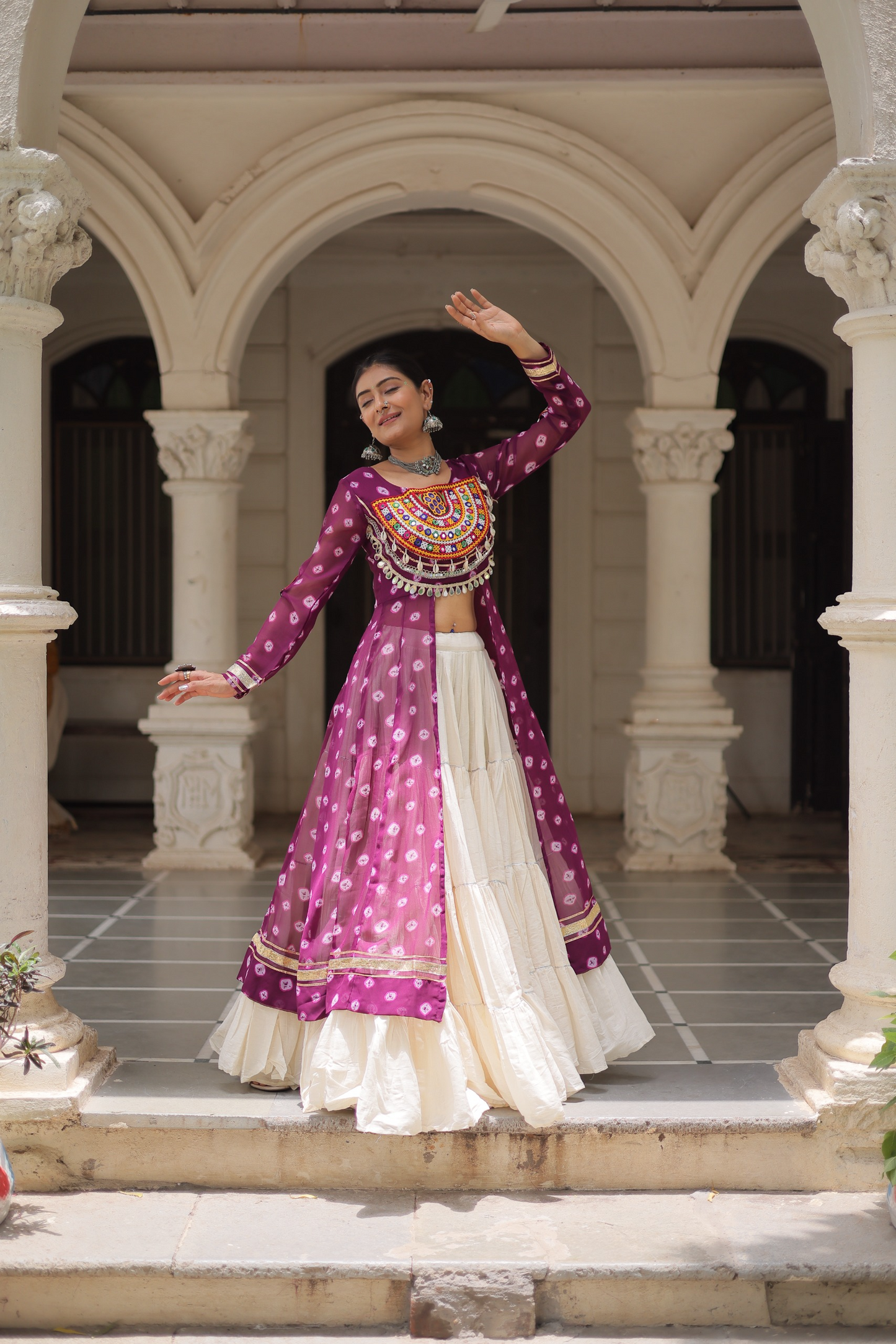 Purple Bandhej Kurti & Lehenga Set