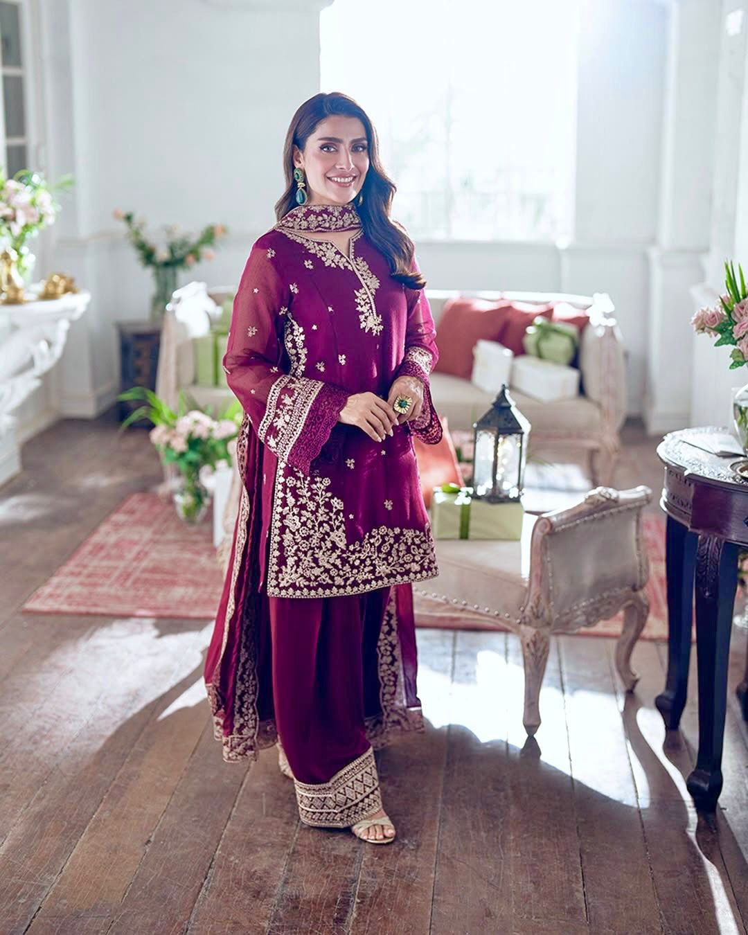 French Crepe Embroidered Sequence Work Kurta Plazzo Dupatta Set