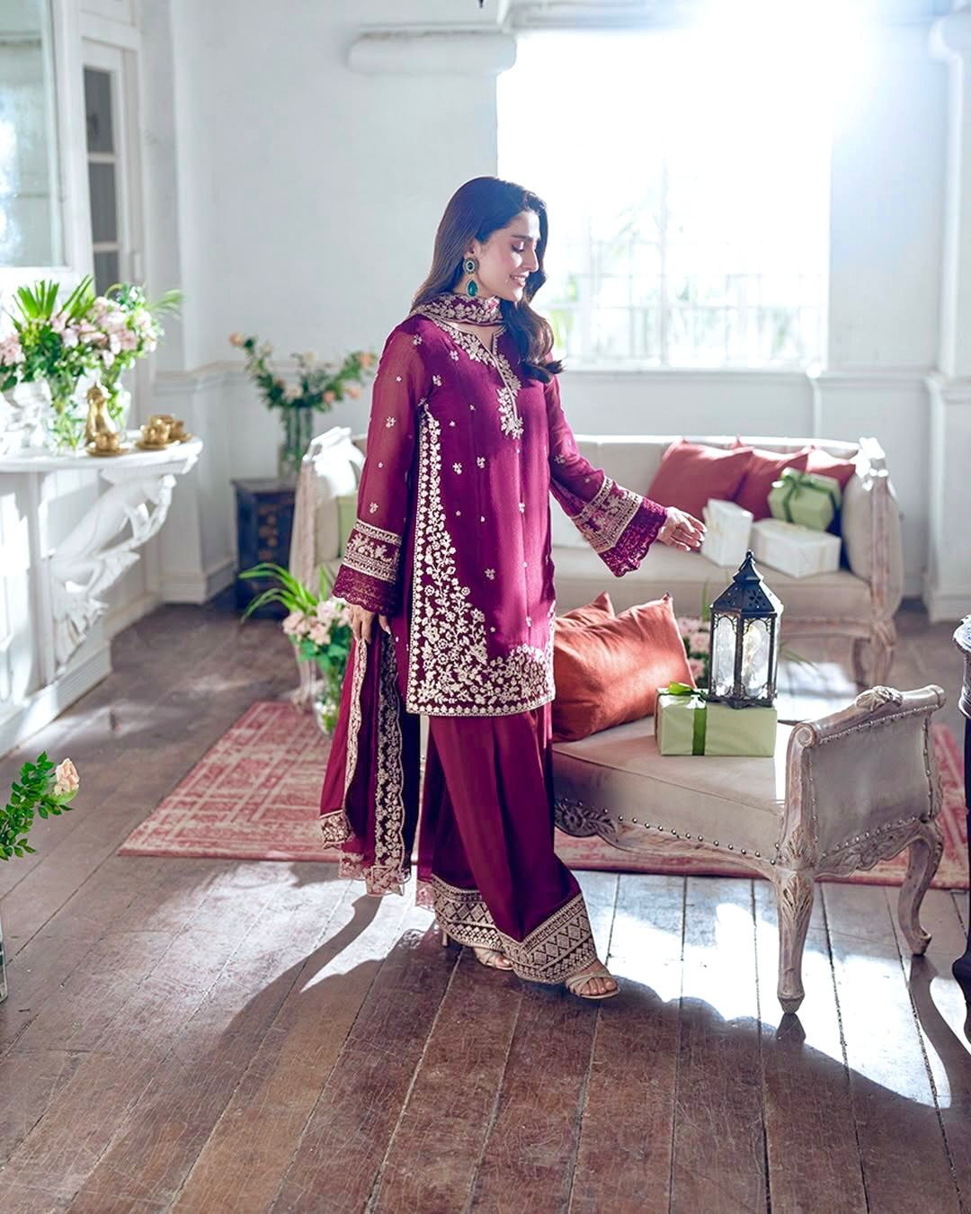French Crepe Embroidered Sequence Work Kurta Plazzo Dupatta Set