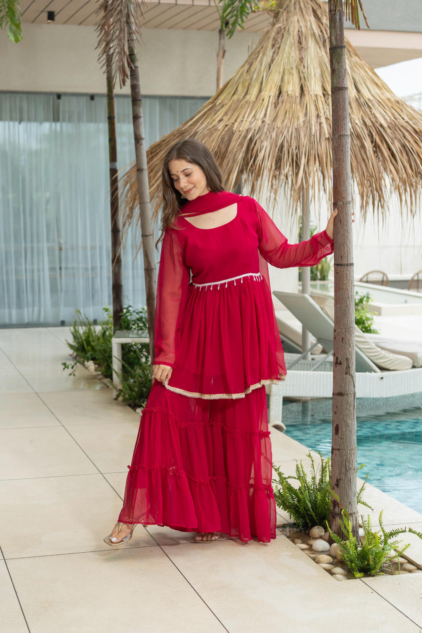 Red 60 Gram Micro Cotton Kediya Sharara