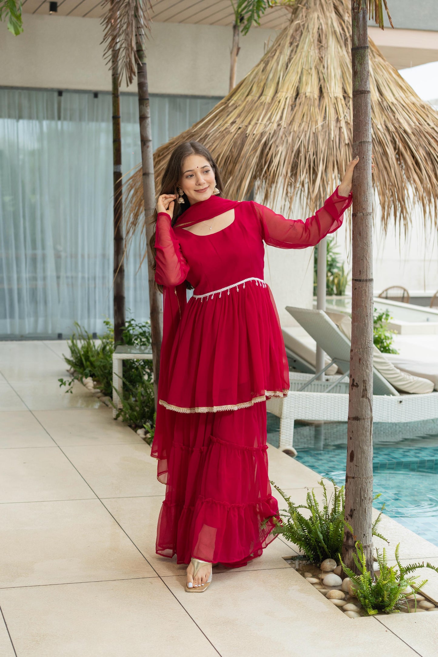 Red 60 Gram Micro Cotton Kediya Sharara
