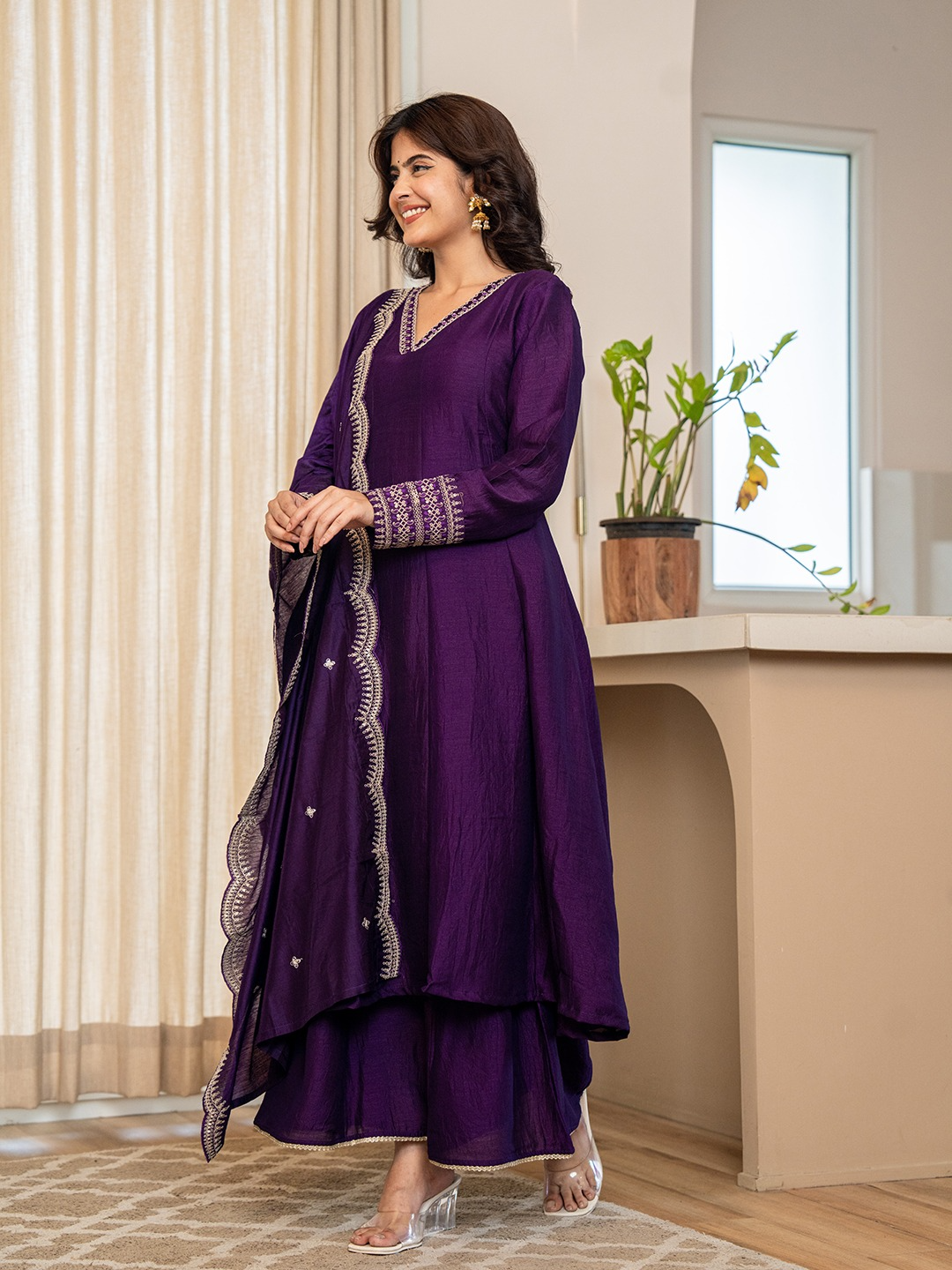 Deep Plum Silk Festive Anarkali Suit With Palazzo
