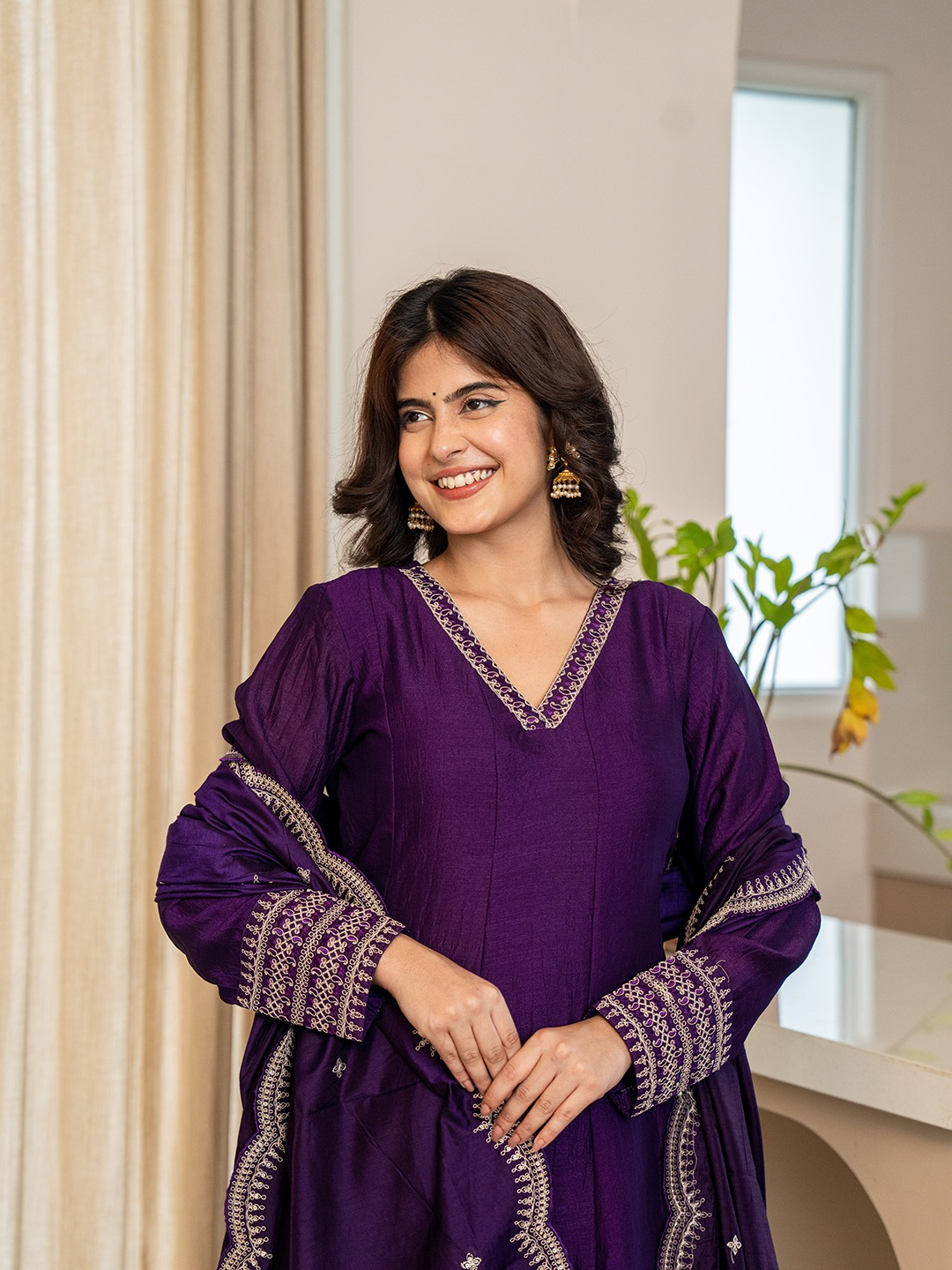 Deep Plum Silk Festive Anarkali Suit With Palazzo