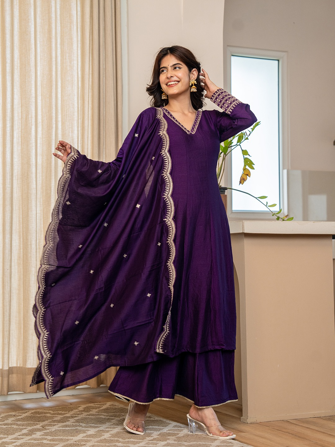 Deep Plum Silk Festive Anarkali Suit With Palazzo