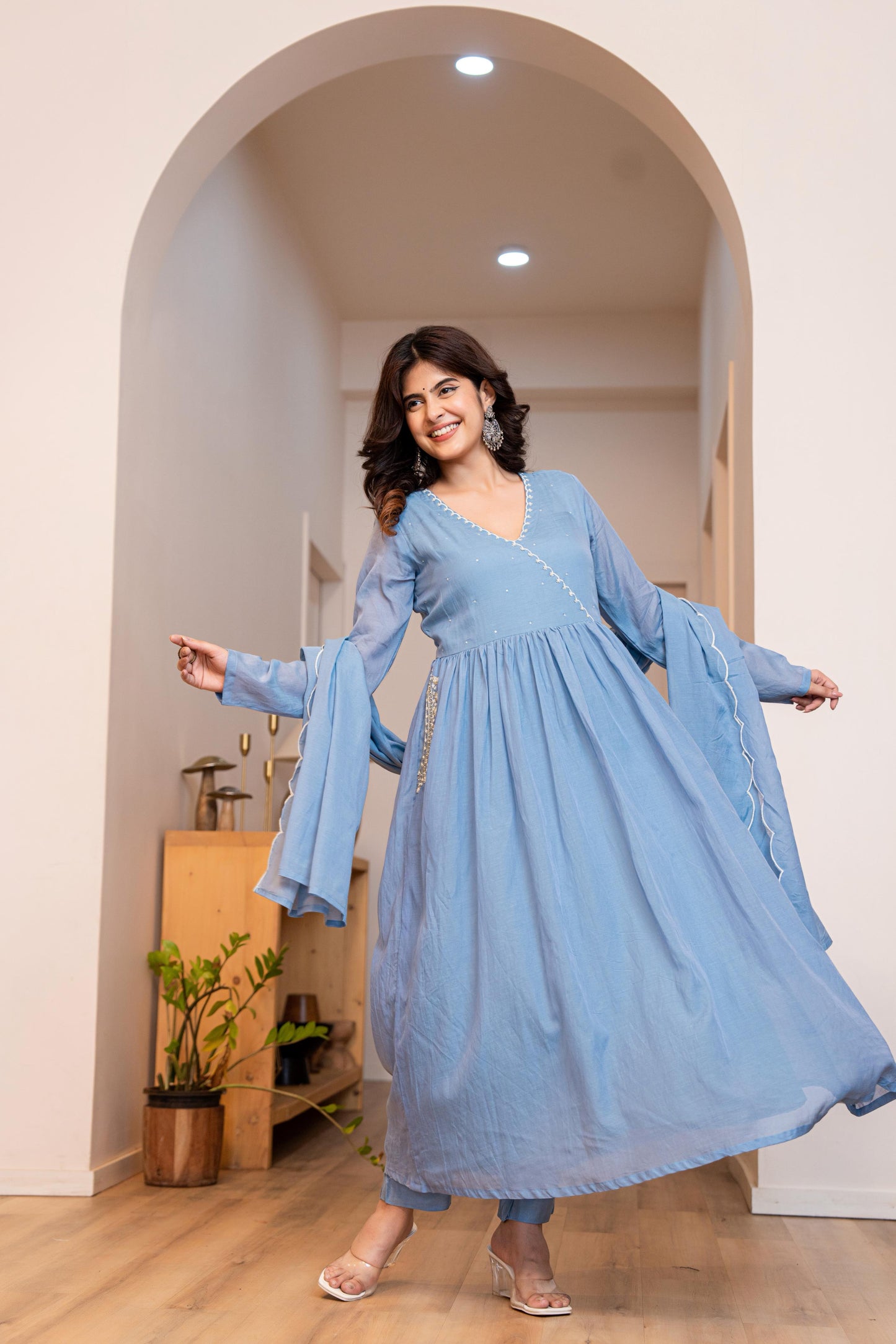 Sky Blue Mul Chanderi Anarkali Festive Suit