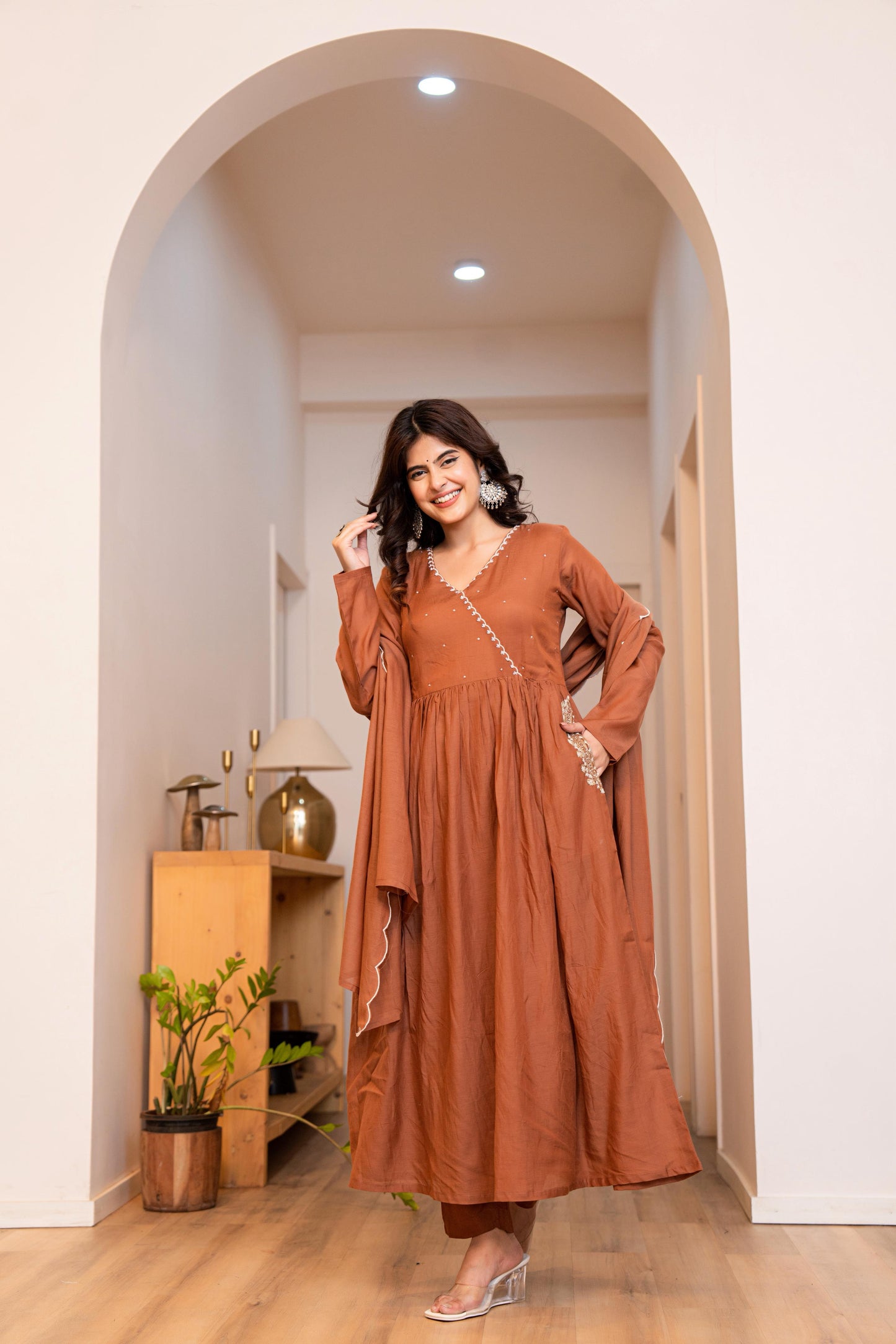 Brown Mul Chanderi Anarkali Festive Suit