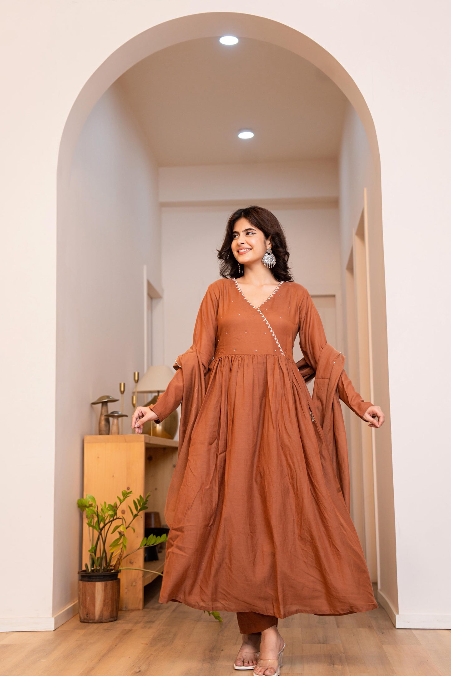 Brown Mul Chanderi Anarkali Festive Suit