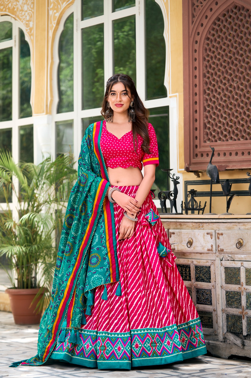 Leheriya Printed Tussar Silk Lehenga Choli With Bandhani Dupatta (3 Colors)