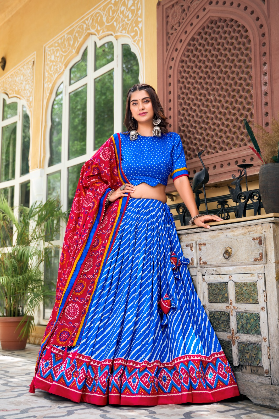 Leheriya Printed Tussar Silk Lehenga Choli With Bandhani Dupatta (3 Colors)