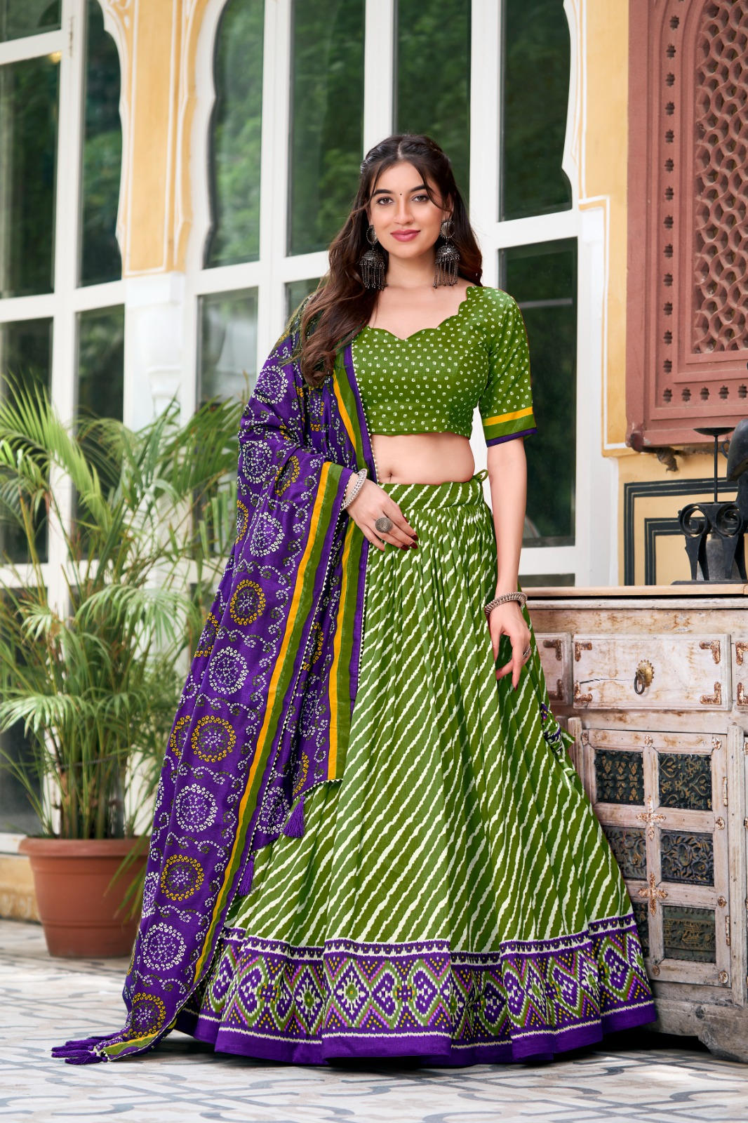 Leheriya Printed Tussar Silk Lehenga Choli With Bandhani Dupatta (3 Colors)