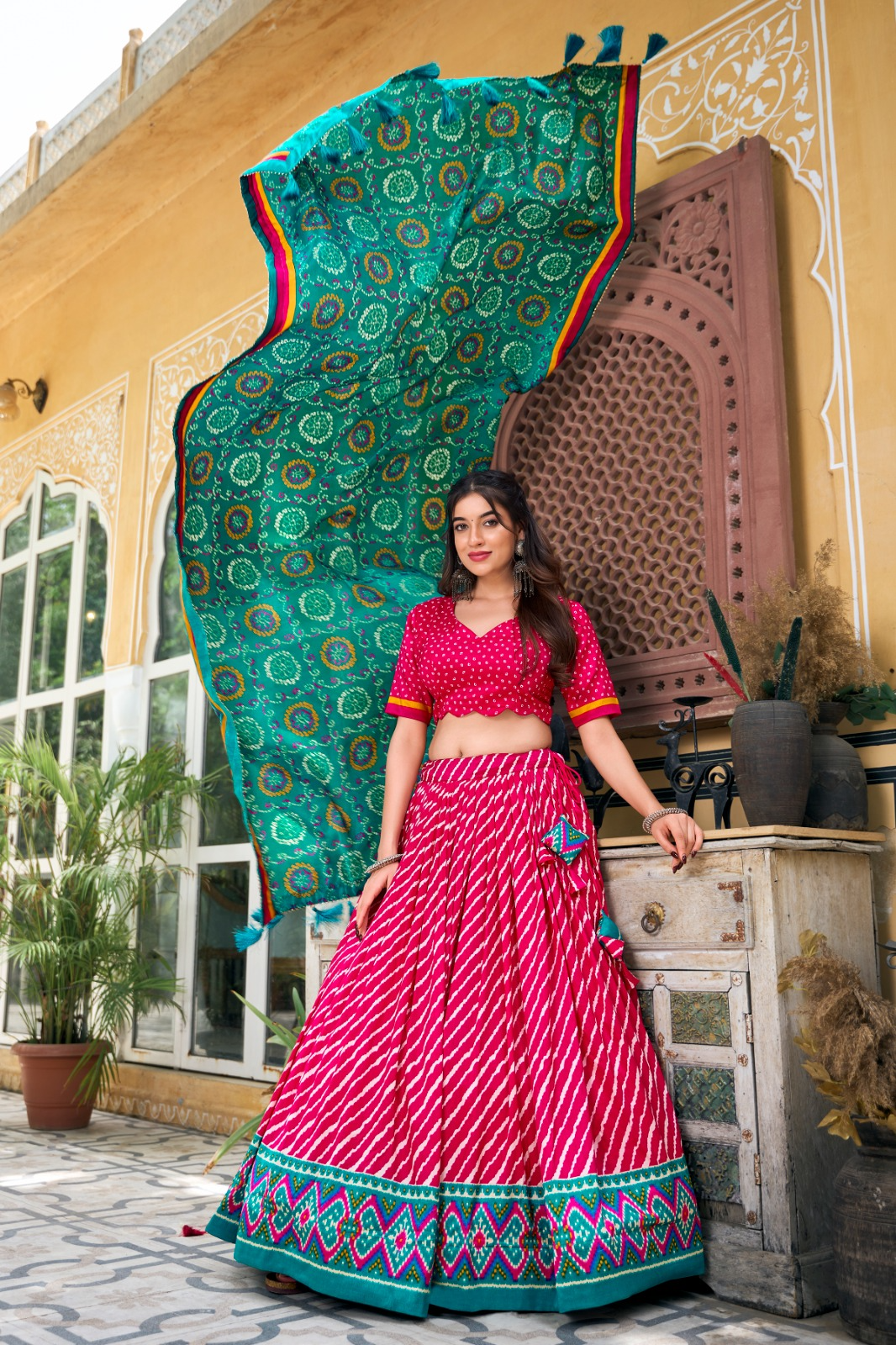 Leheriya Printed Tussar Silk Lehenga Choli With Bandhani Dupatta (3 Colors)