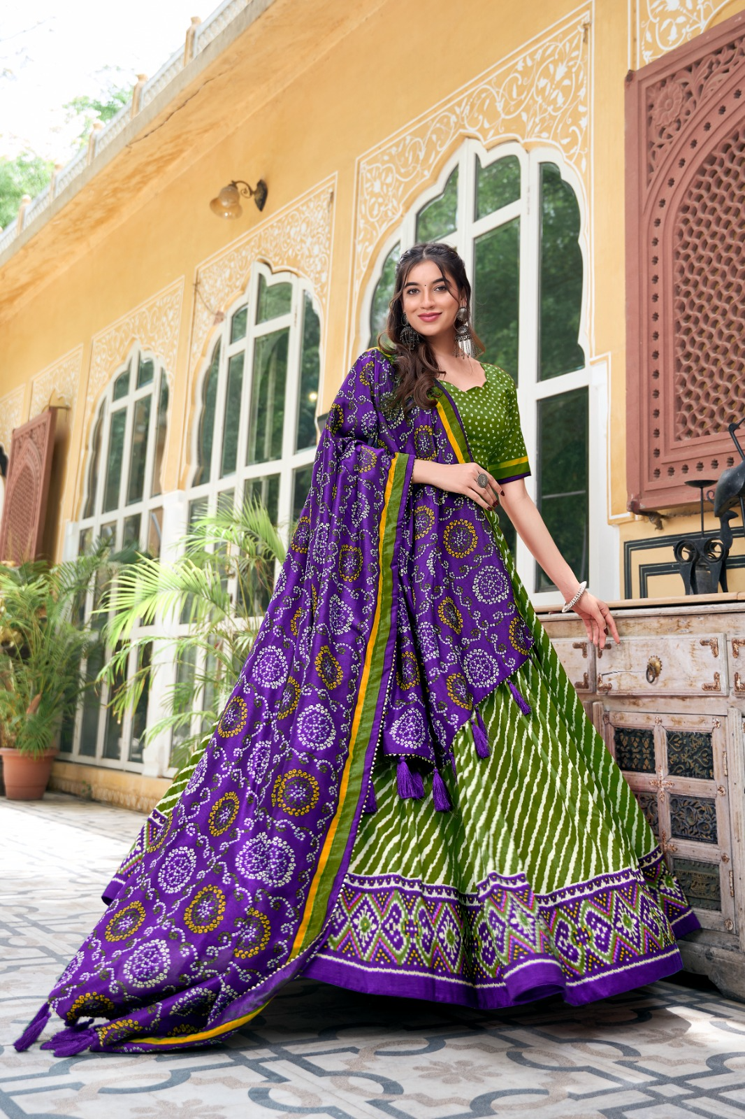 Leheriya Printed Tussar Silk Lehenga Choli With Bandhani Dupatta (3 Colors)