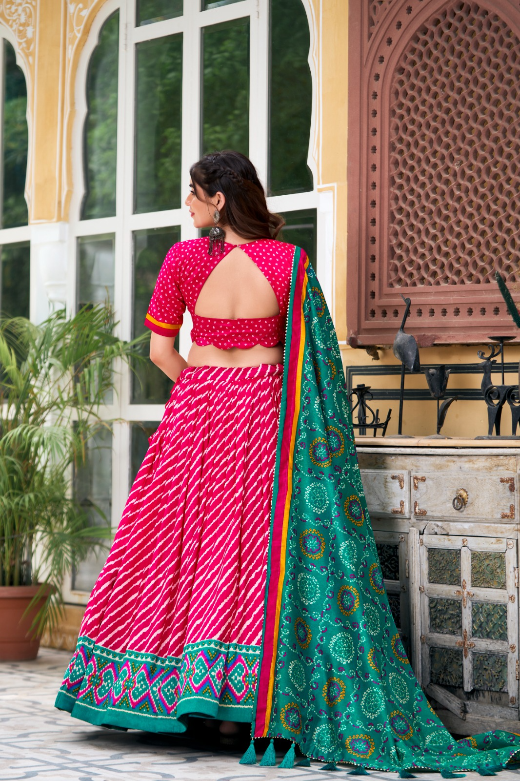 Leheriya Printed Tussar Silk Lehenga Choli With Bandhani Dupatta (3 Colors)