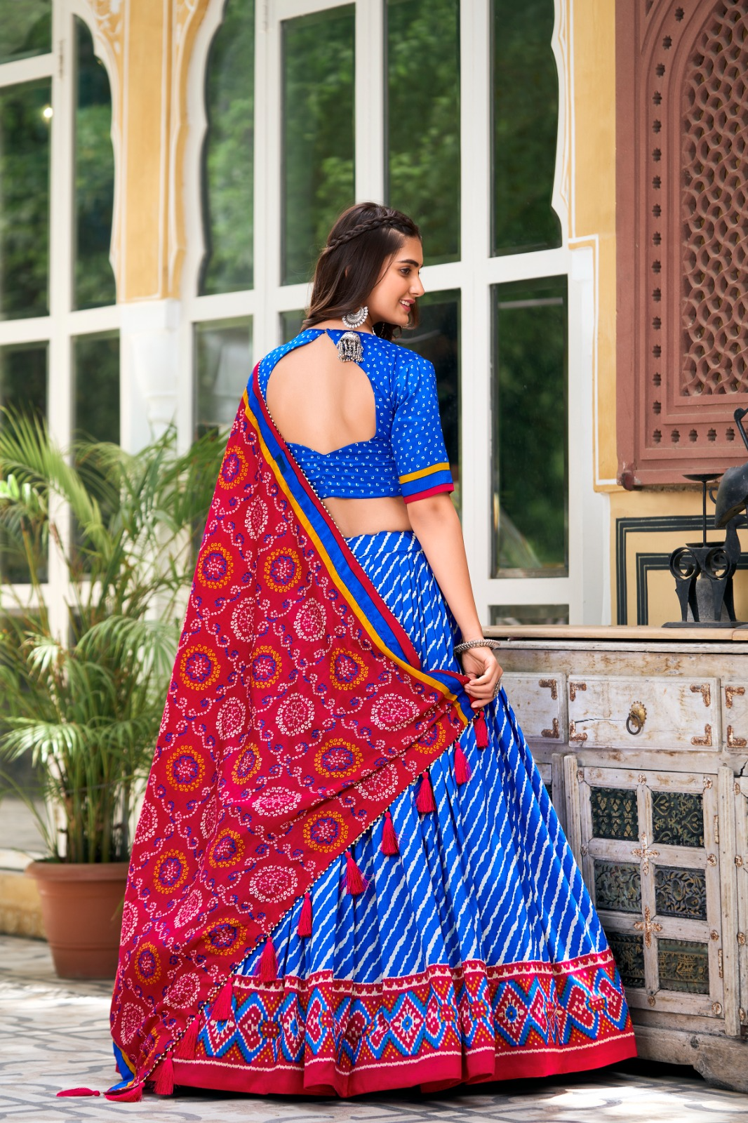Leheriya Printed Tussar Silk Lehenga Choli With Bandhani Dupatta (3 Colors)