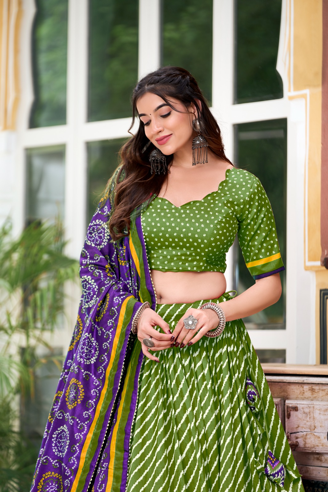 Leheriya Printed Tussar Silk Lehenga Choli With Bandhani Dupatta (3 Colors)