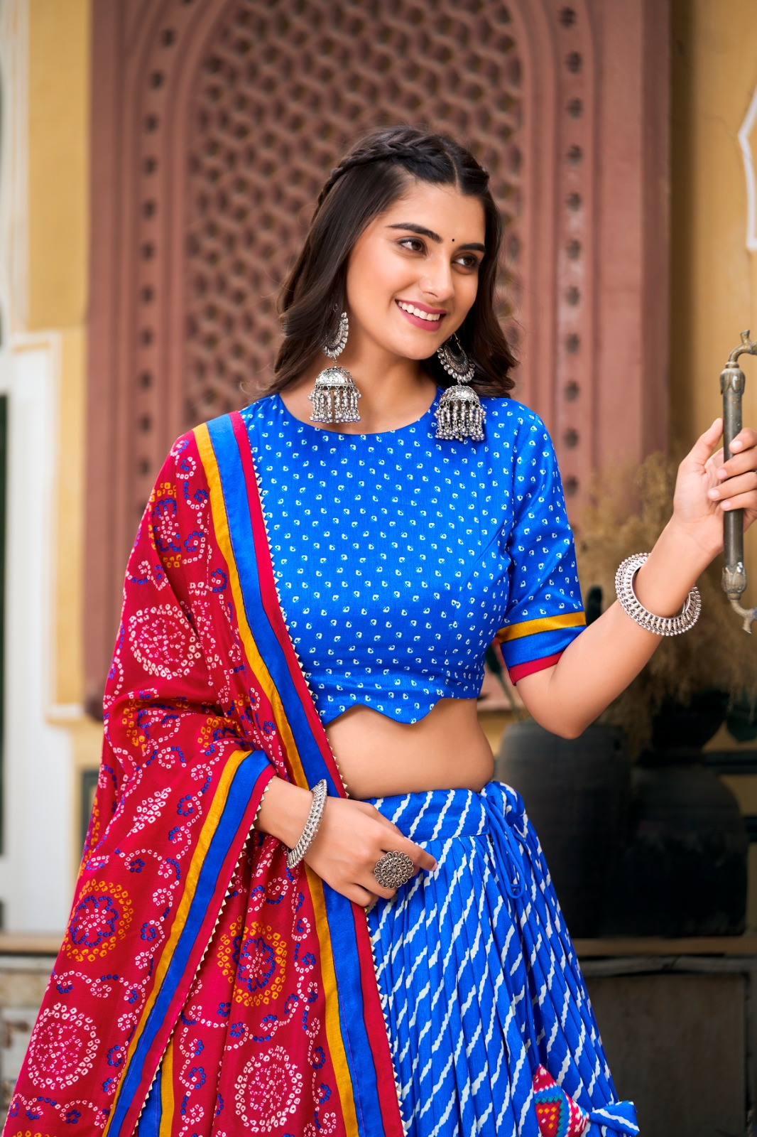 Leheriya Printed Tussar Silk Lehenga Choli With Bandhani Dupatta (3 Colors)