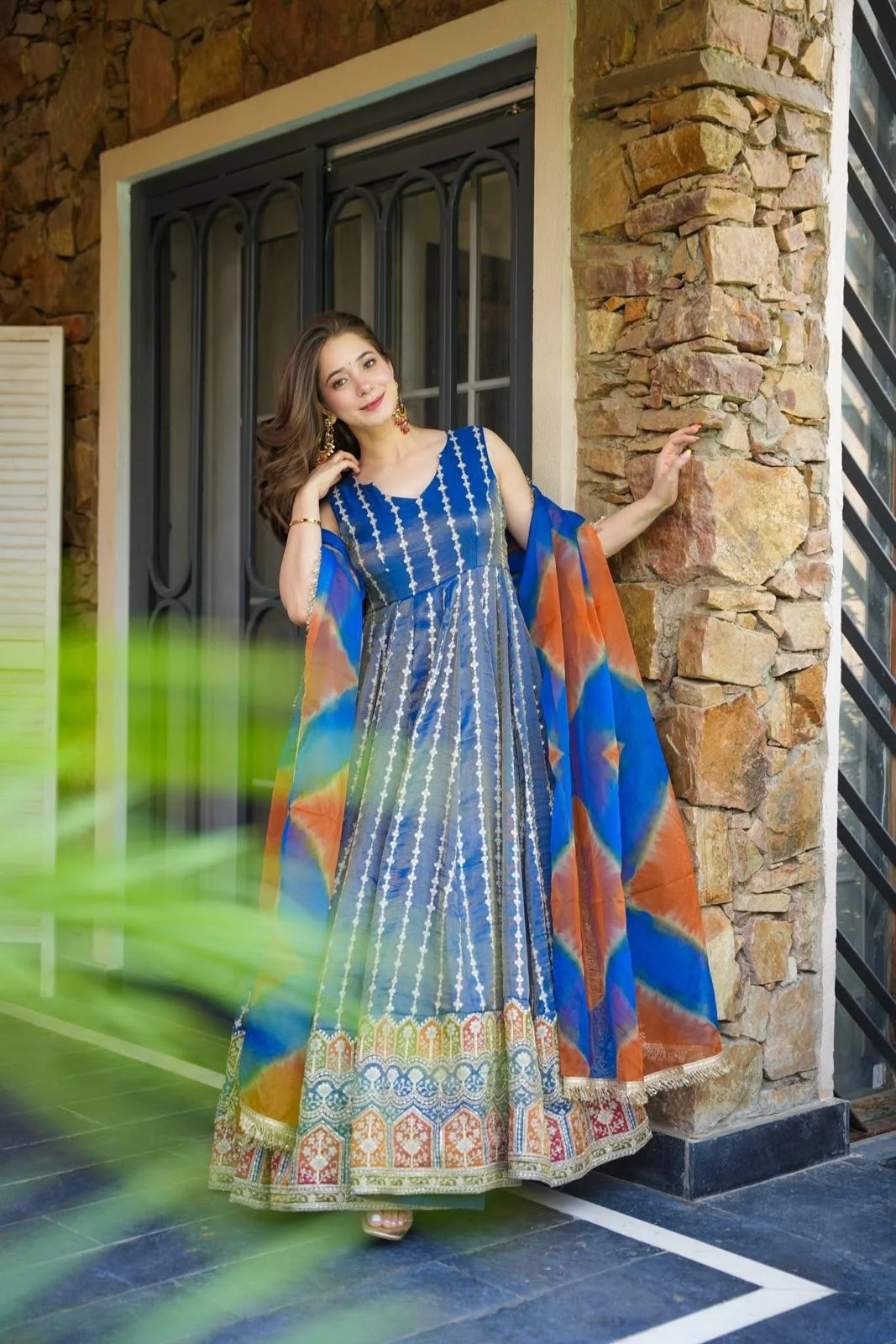 Radiant Blue Organza Silk Printed Gown
