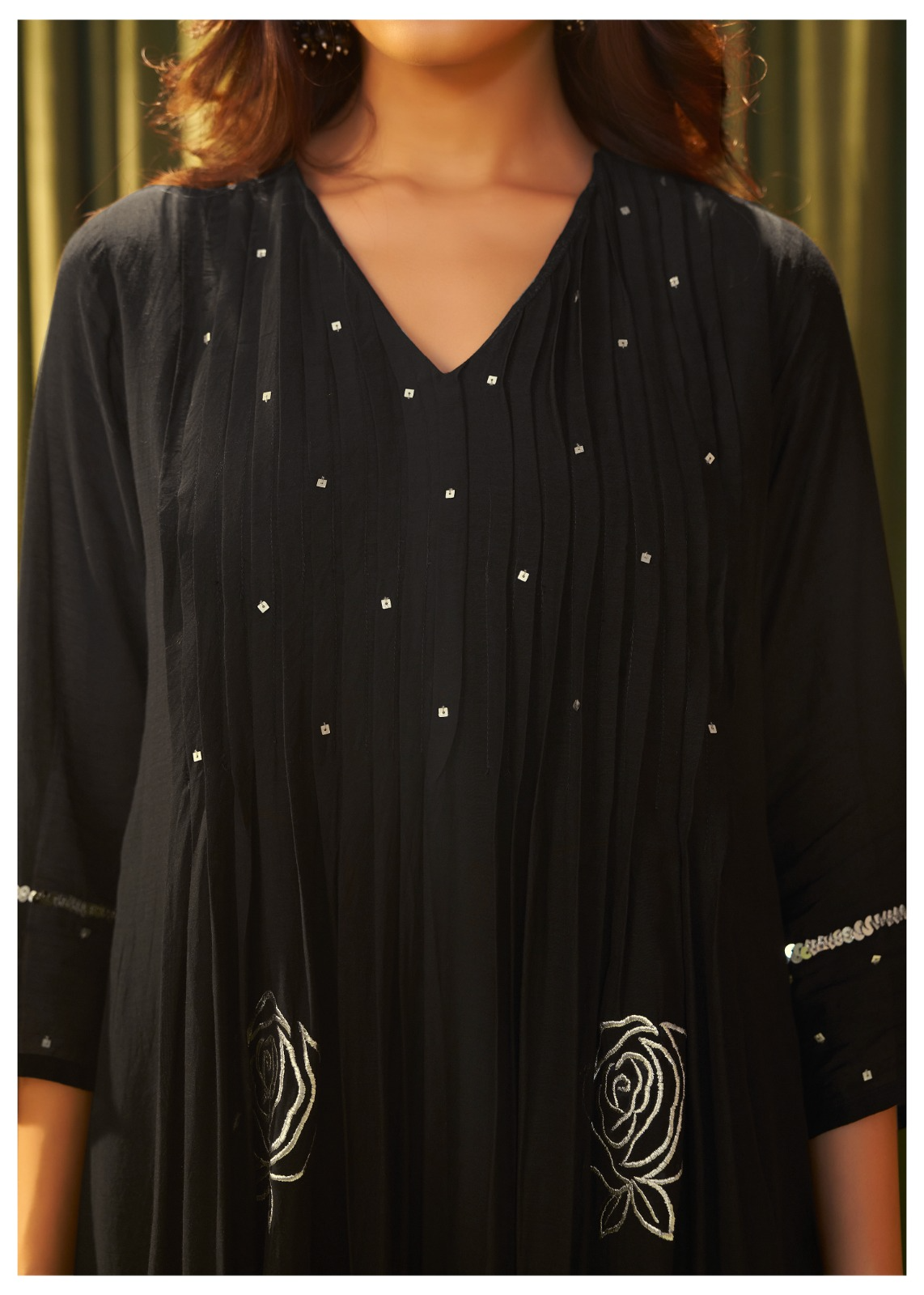 Classic Black Mul Chanderi Embroidered Suit Set