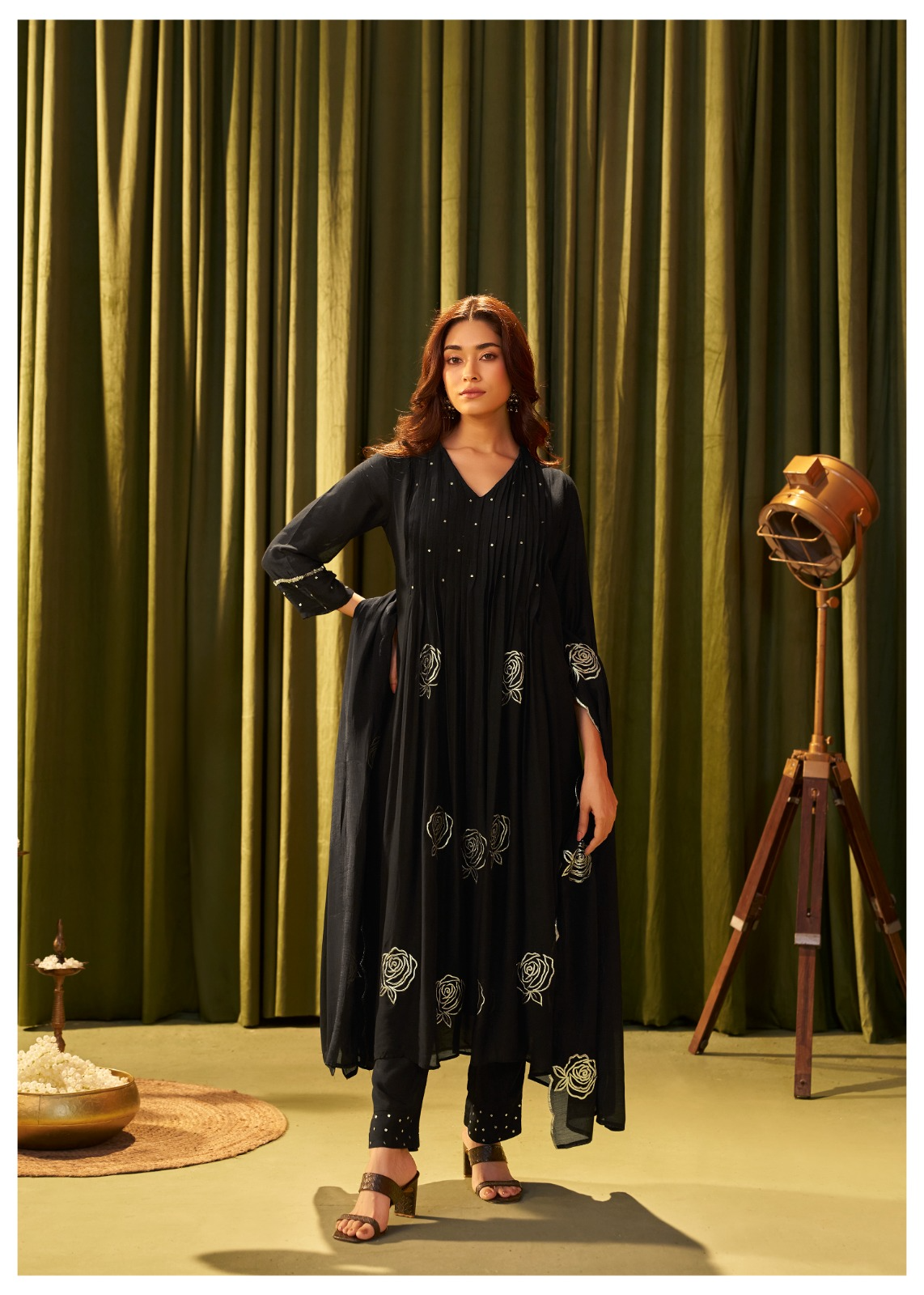 Classic Black Mul Chanderi Embroidered Suit Set