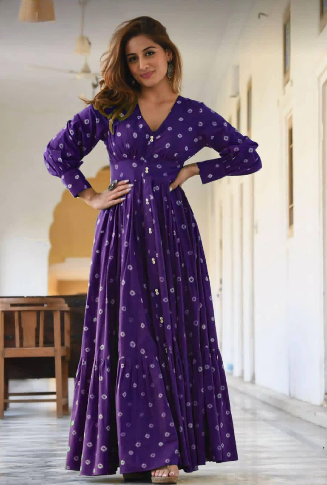 Bandhani Printed Bishop Sleeves Fit & Flare Cotton Maxi Ethnic Dress