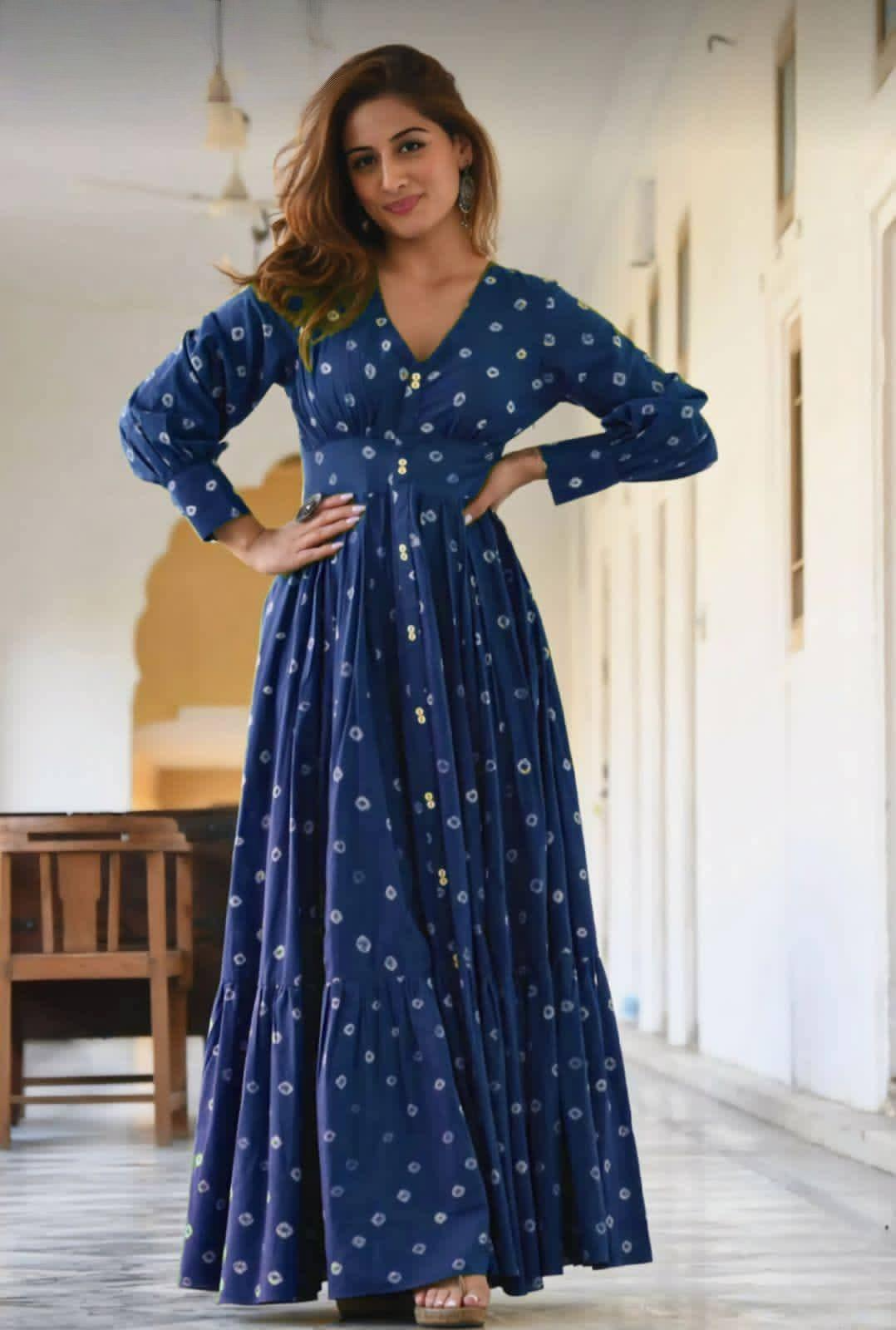 Bandhani Printed Bishop Sleeves Fit & Flare Cotton Maxi Ethnic Dress