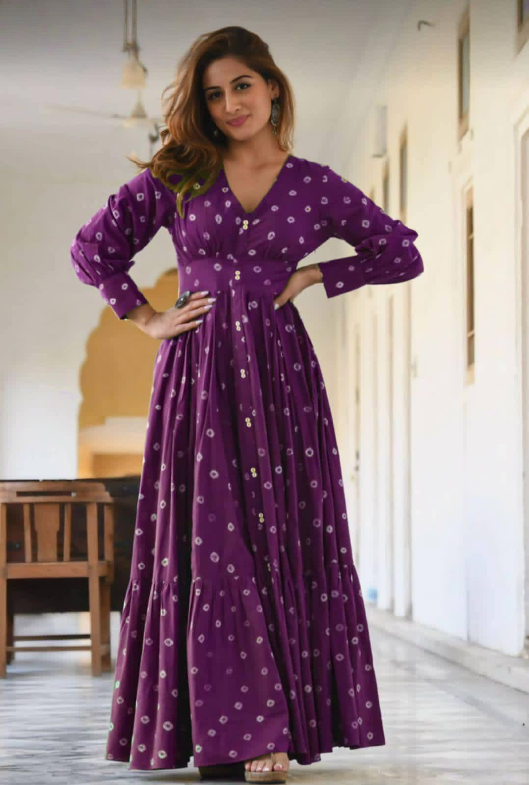 Bandhani Printed Bishop Sleeves Fit & Flare Cotton Maxi Ethnic Dress