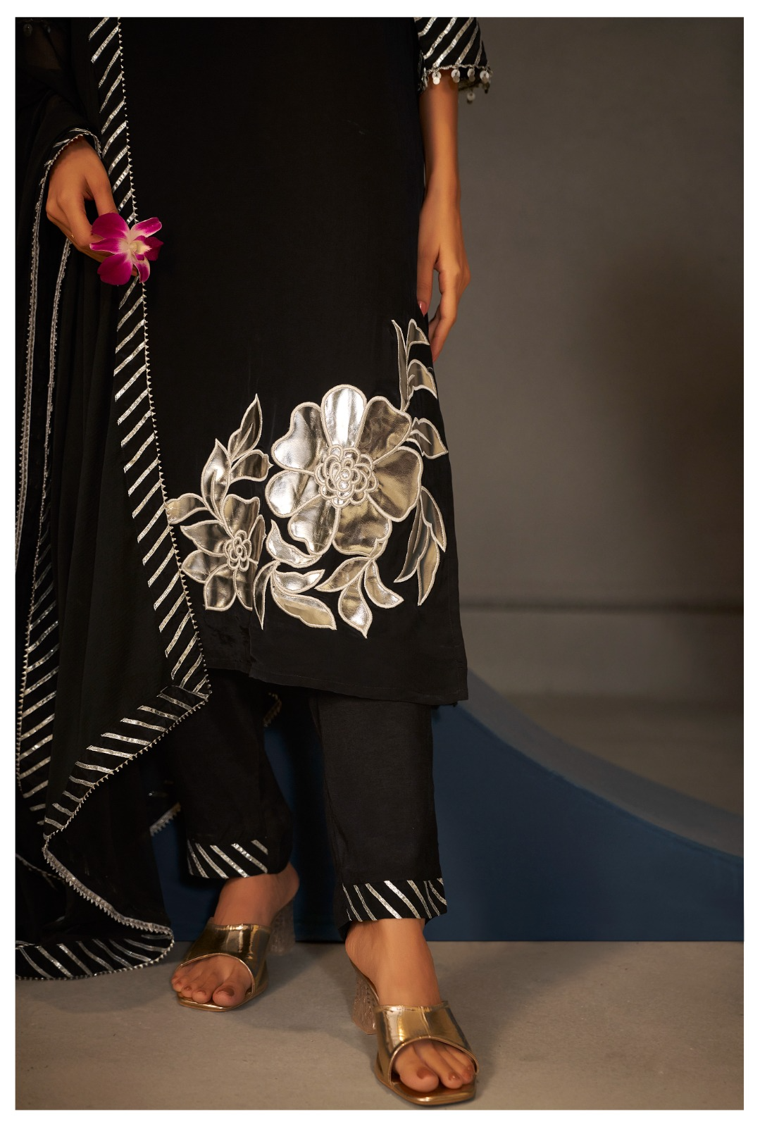 Black Crepe Applique Work Kurta Suit Set