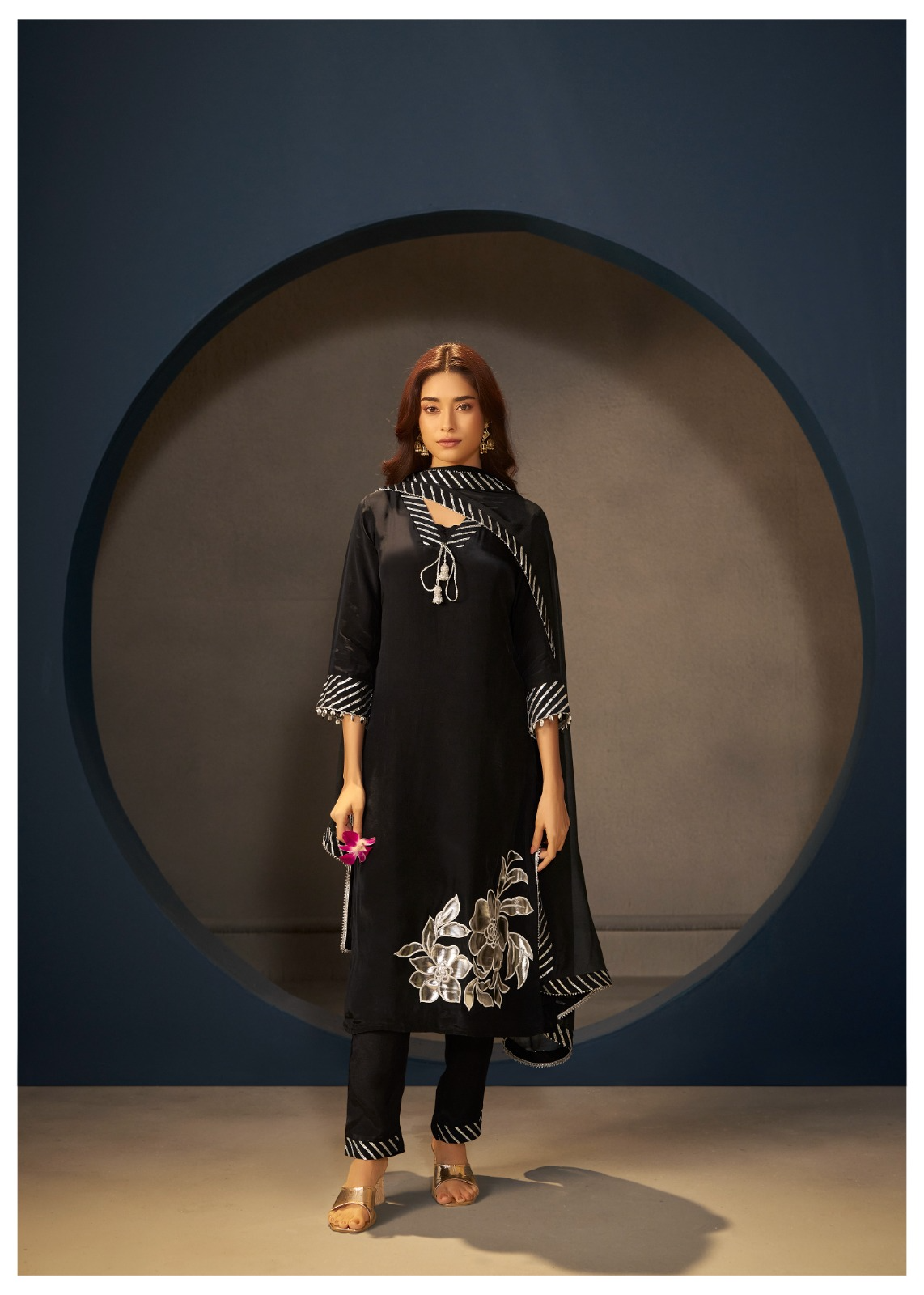 Black Crepe Applique Work Kurta Suit Set