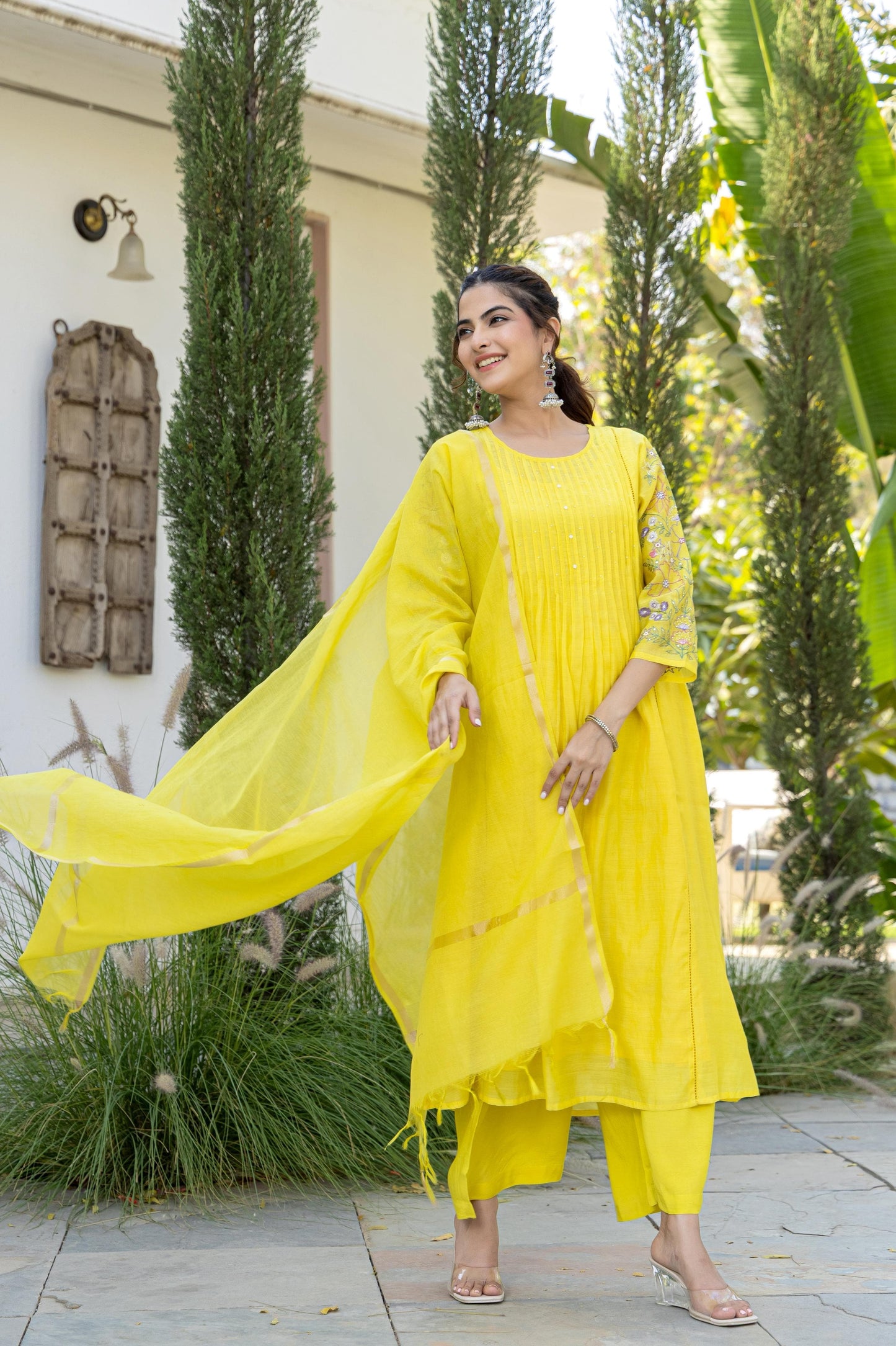 Lime Yellow Mul Chanderi Embroidered Kurta Suit Set