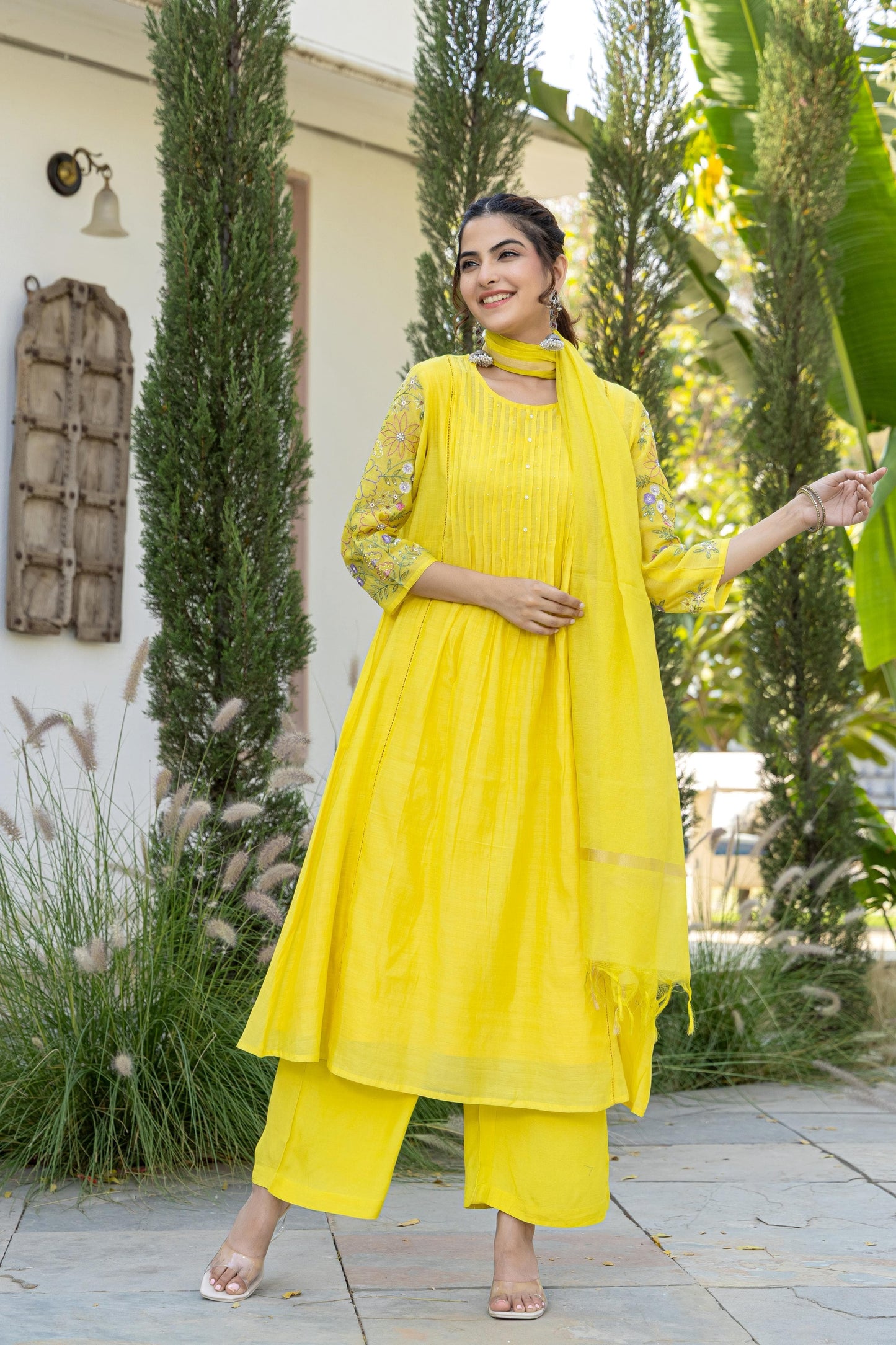Lime Yellow Mul Chanderi Embroidered Kurta Suit Set