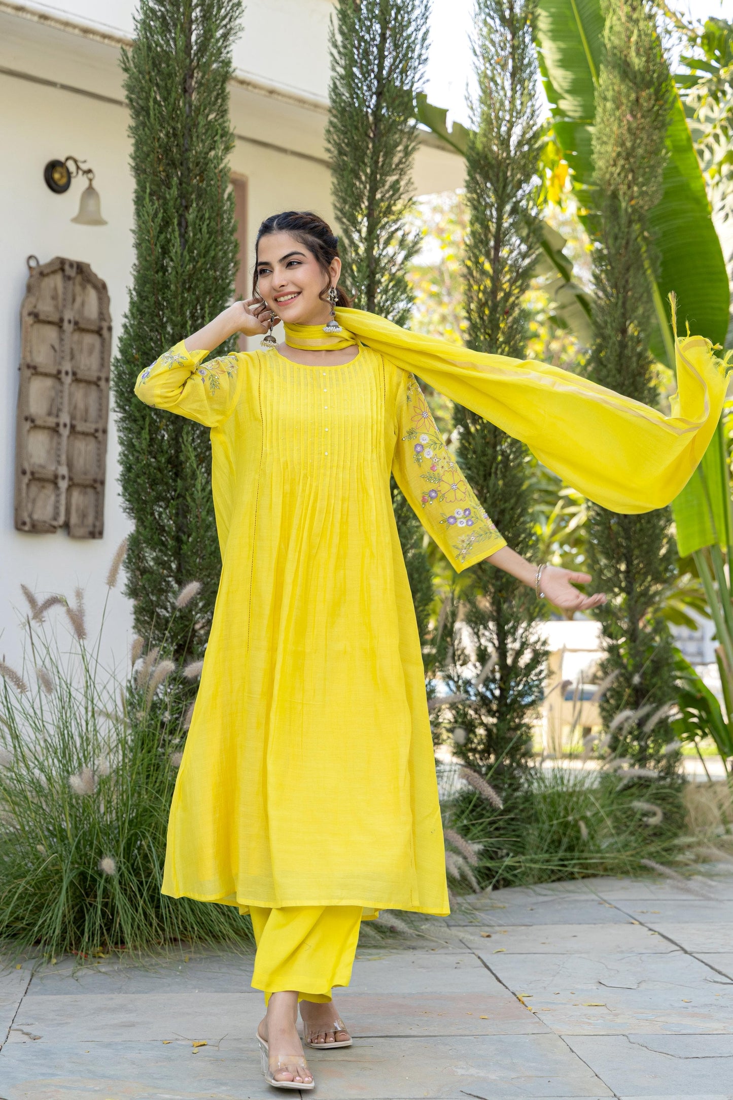 Lime Yellow Mul Chanderi Embroidered Kurta Suit Set