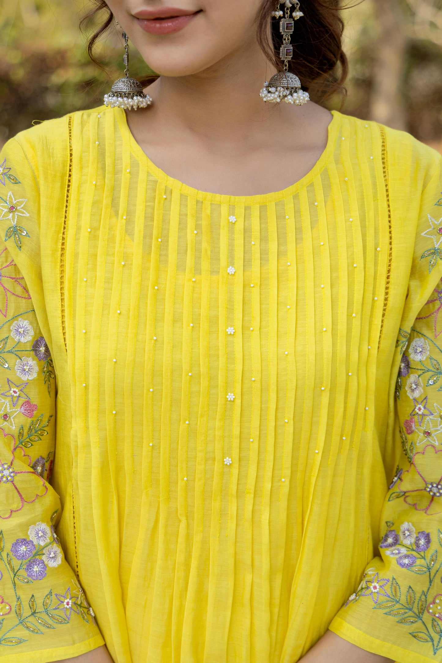 Lime Yellow Mul Chanderi Embroidered Kurta Suit Set