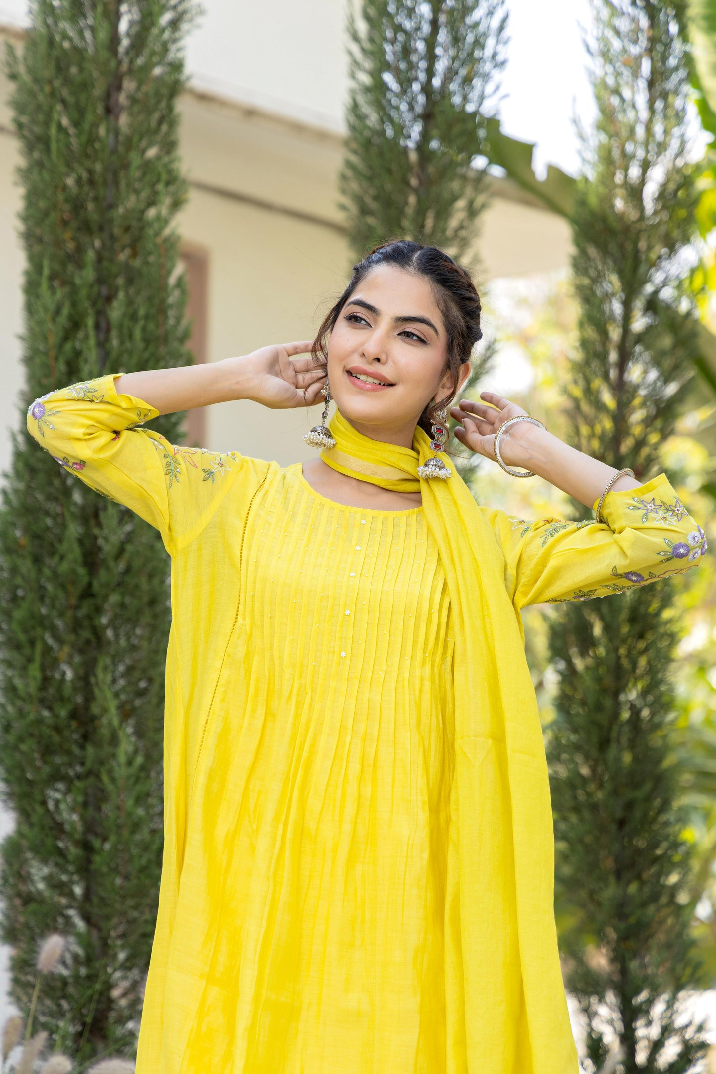 Lime Yellow Mul Chanderi Embroidered Kurta Suit Set