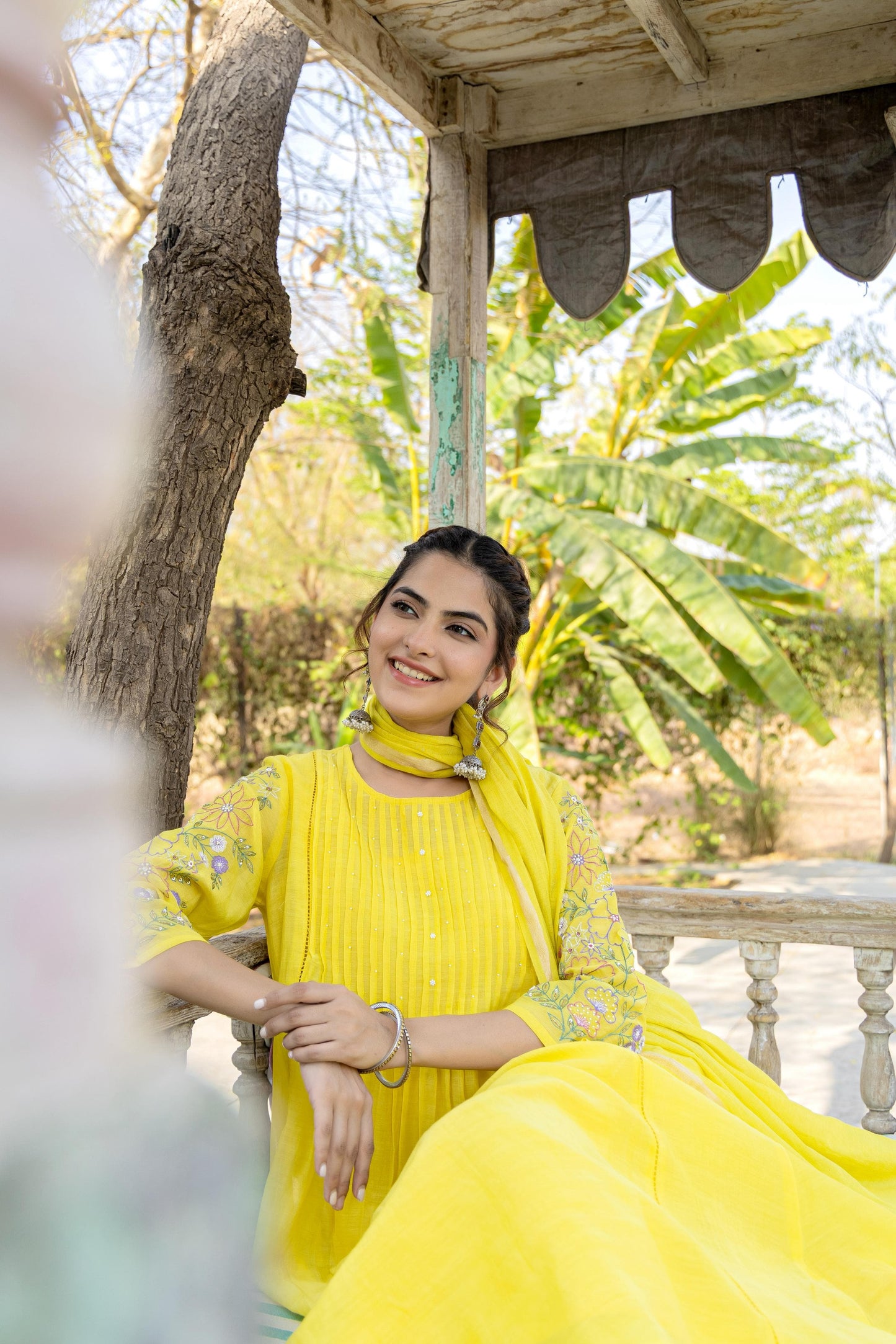 Lime Yellow Mul Chanderi Embroidered Kurta Suit Set