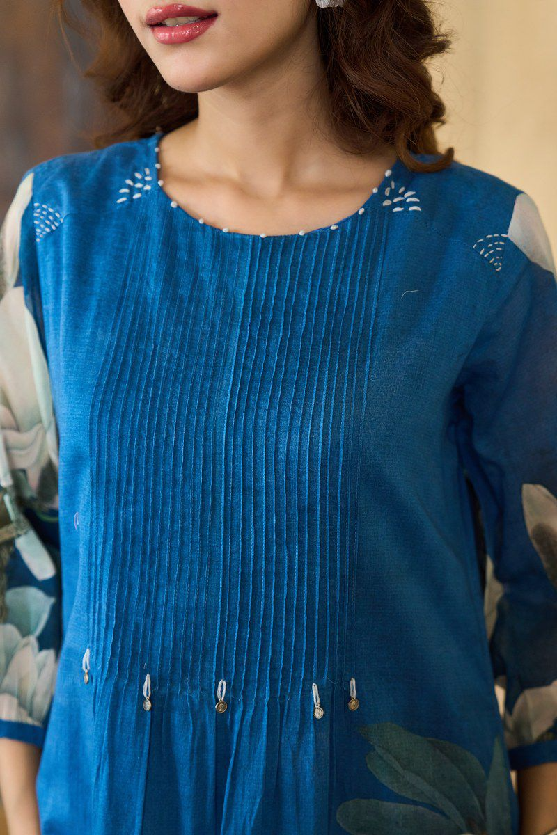 Peacock Blue Floral Mul Cotton Pintex Kurta & Pant