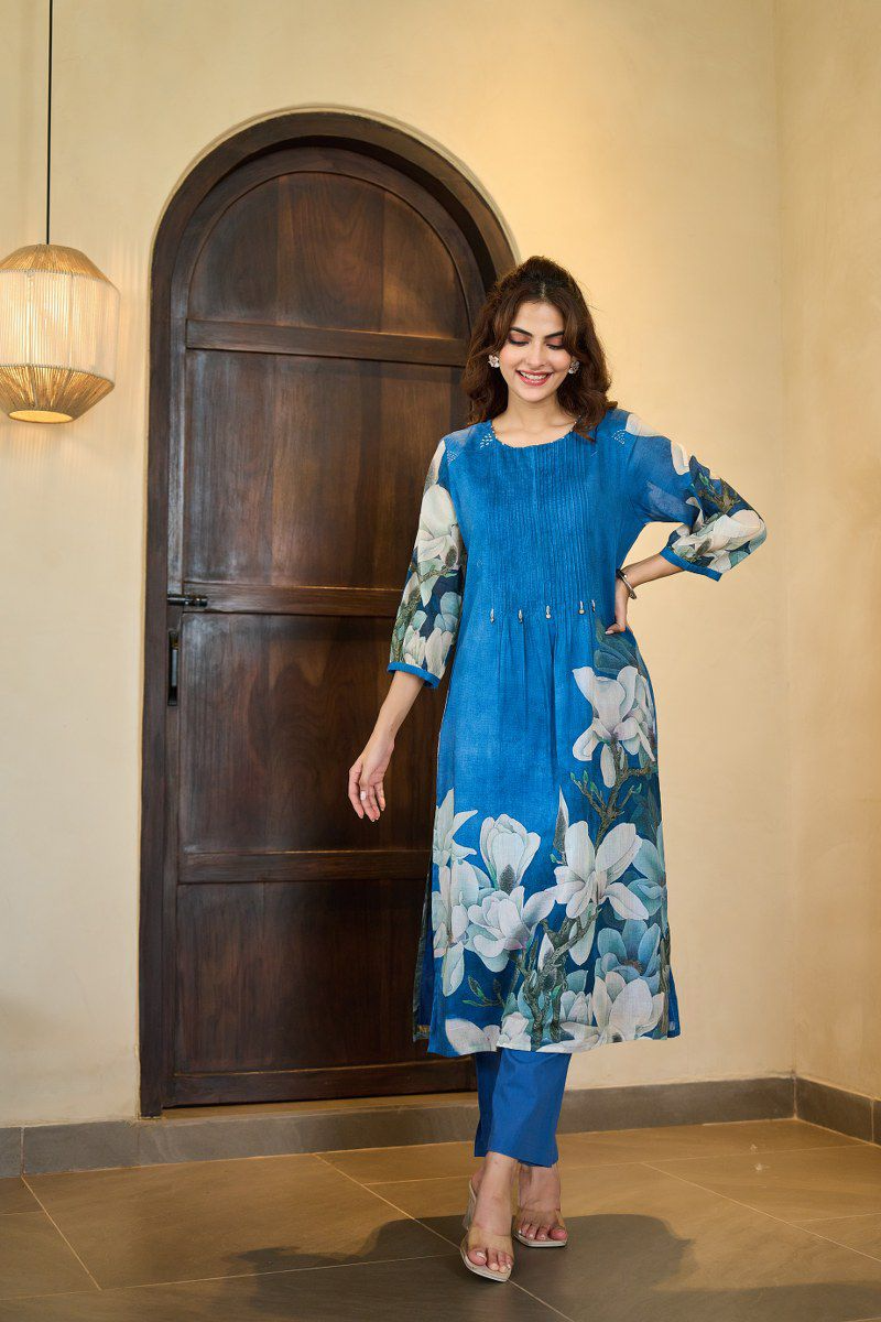 Peacock Blue Floral Mul Cotton Pintex Kurta & Pant