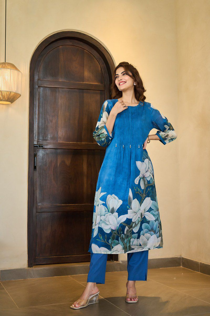 Peacock Blue Floral Mul Cotton Pintex Kurta & Pant