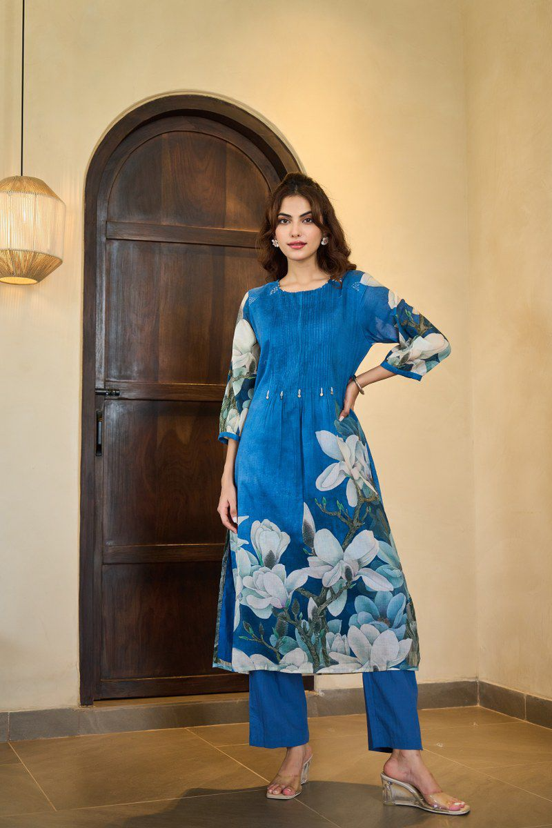 Peacock Blue Floral Mul Cotton Pintex Kurta & Pant