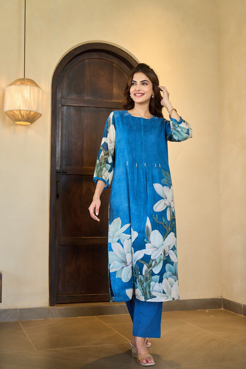 Peacock Blue Floral Mul Cotton Pintex Kurta & Pant