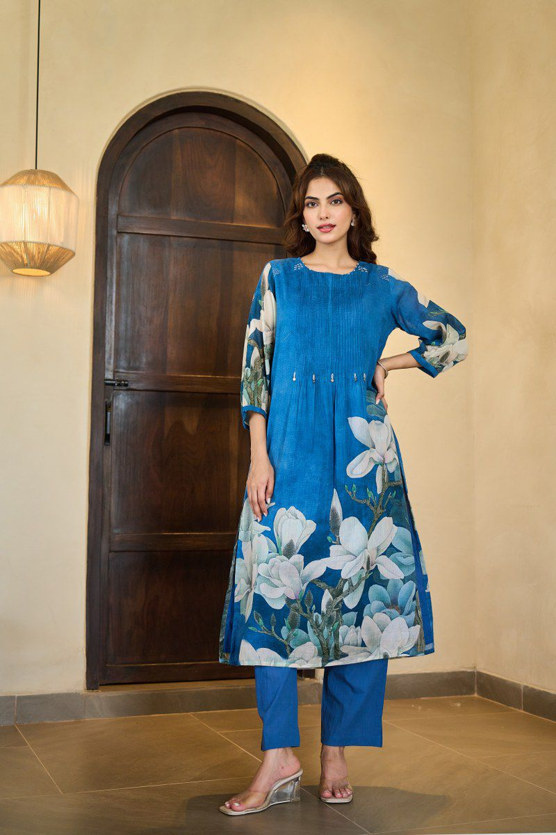 Peacock Blue Floral Mul Cotton Pintex Kurta & Pant