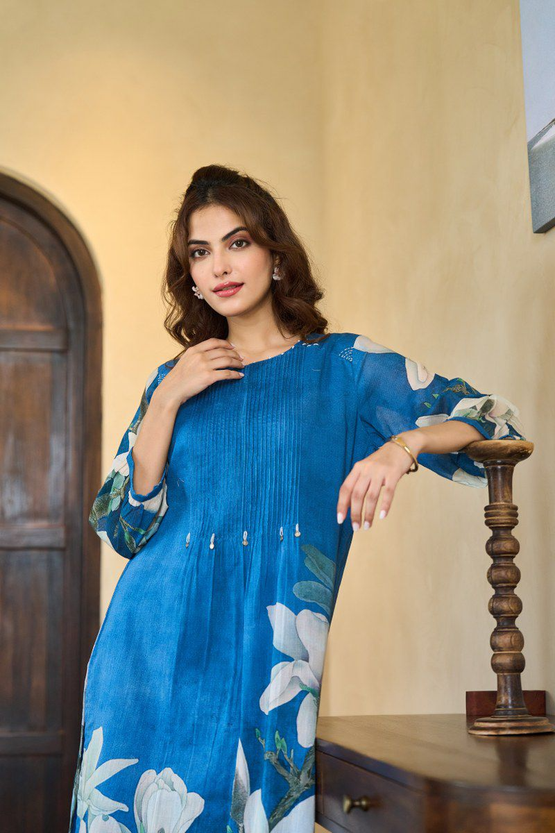 Peacock Blue Floral Mul Cotton Pintex Kurta & Pant
